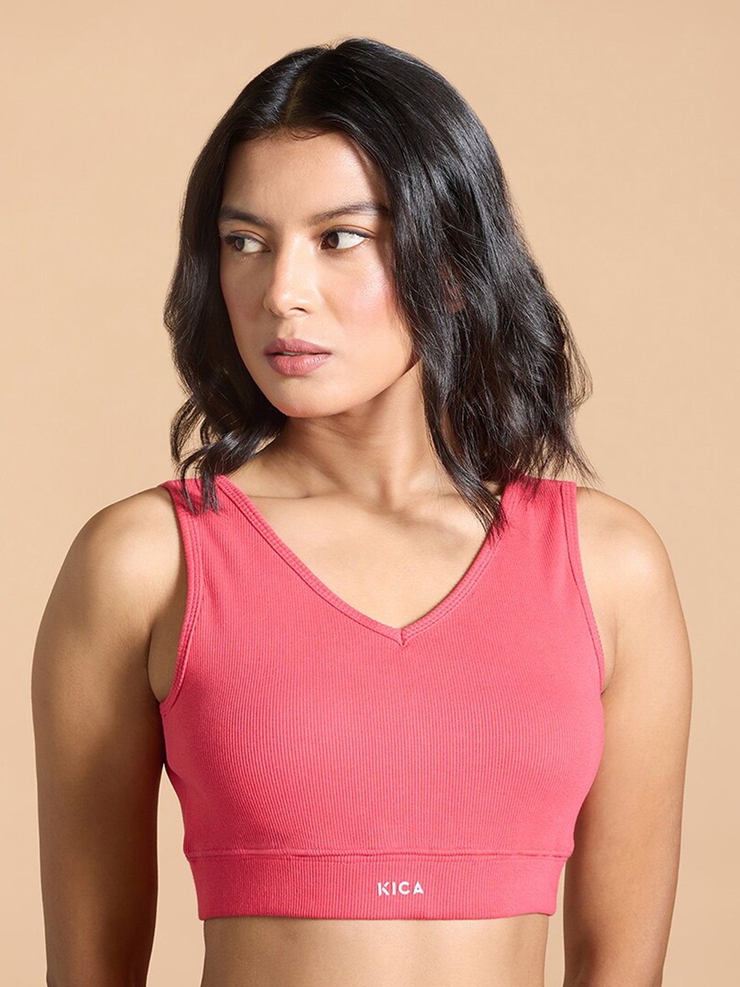 KICA Ribbed Cotton Full Coverage Lightly Padded Ribbed Cotton Sports Bra, Pink
