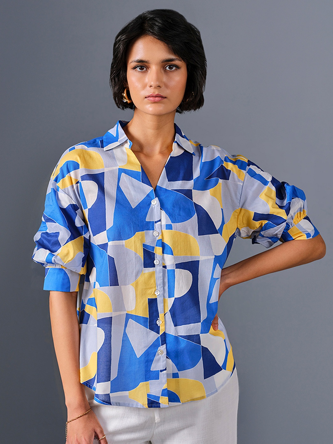 

AND Geometric Print Extended Sleeves Cotton Shirt Style Top, Blue