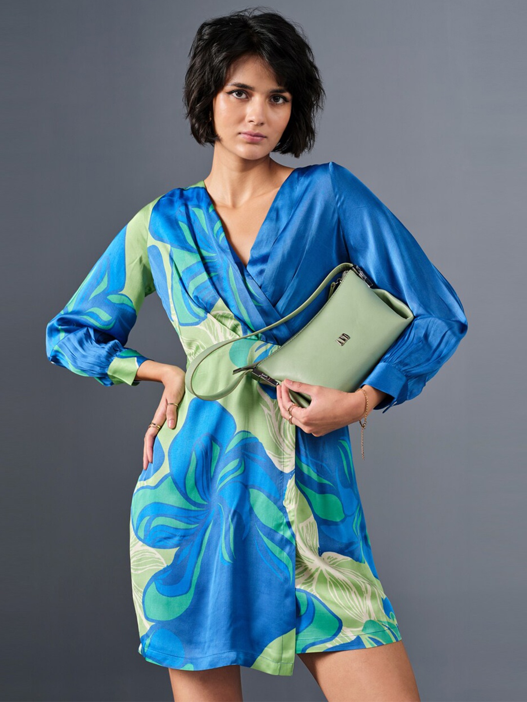 

AND Floral Print Puff Sleeve A-Line Mini Dress, Blue