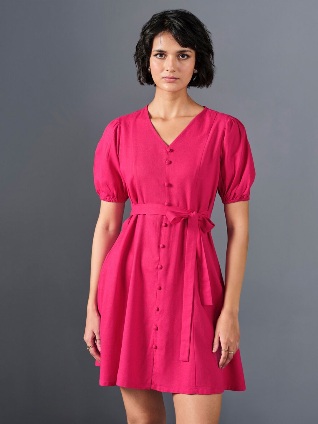 

AND V-Neck Puff Sleeve A-Line Dress, Pink