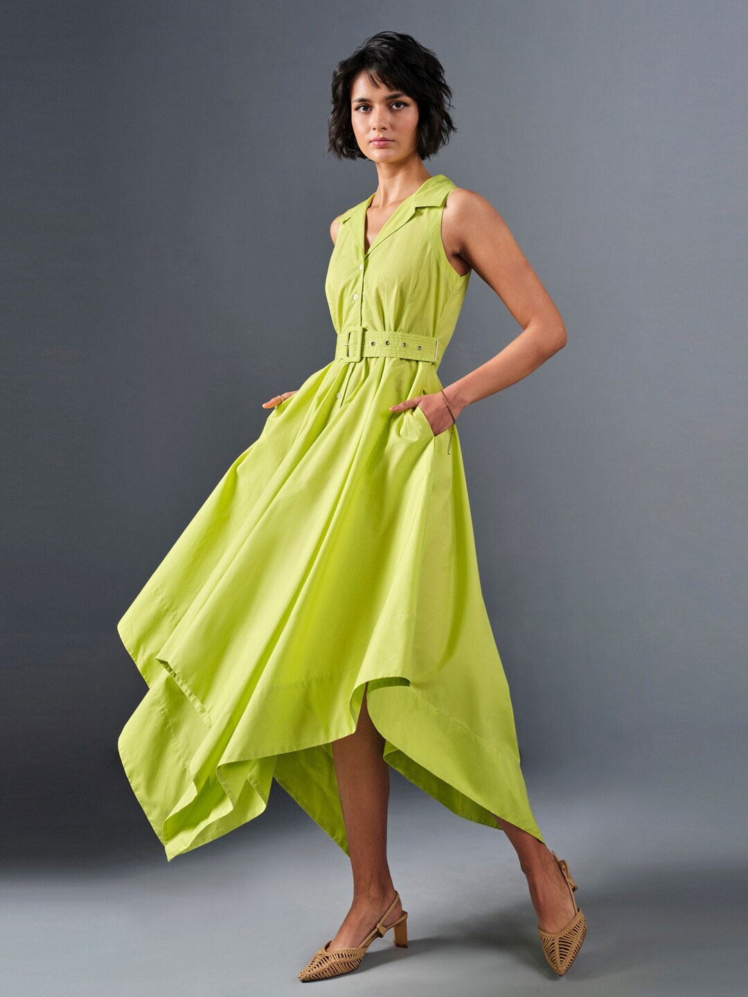 

AND Shirt Collar Sleeveless A-Line Midi Dress, Green