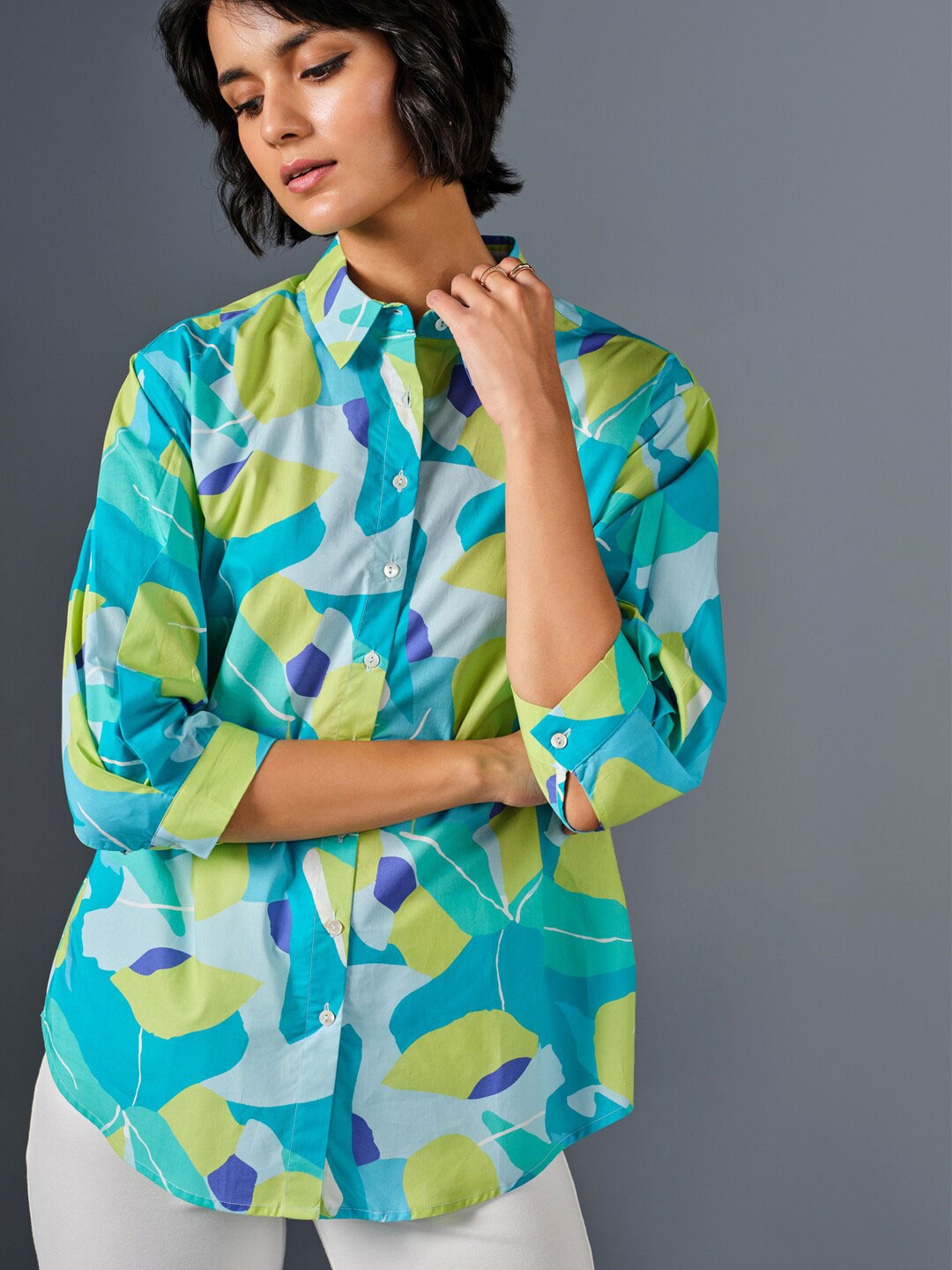

AND Geometric Print Cotton Shirt Style Top, Blue