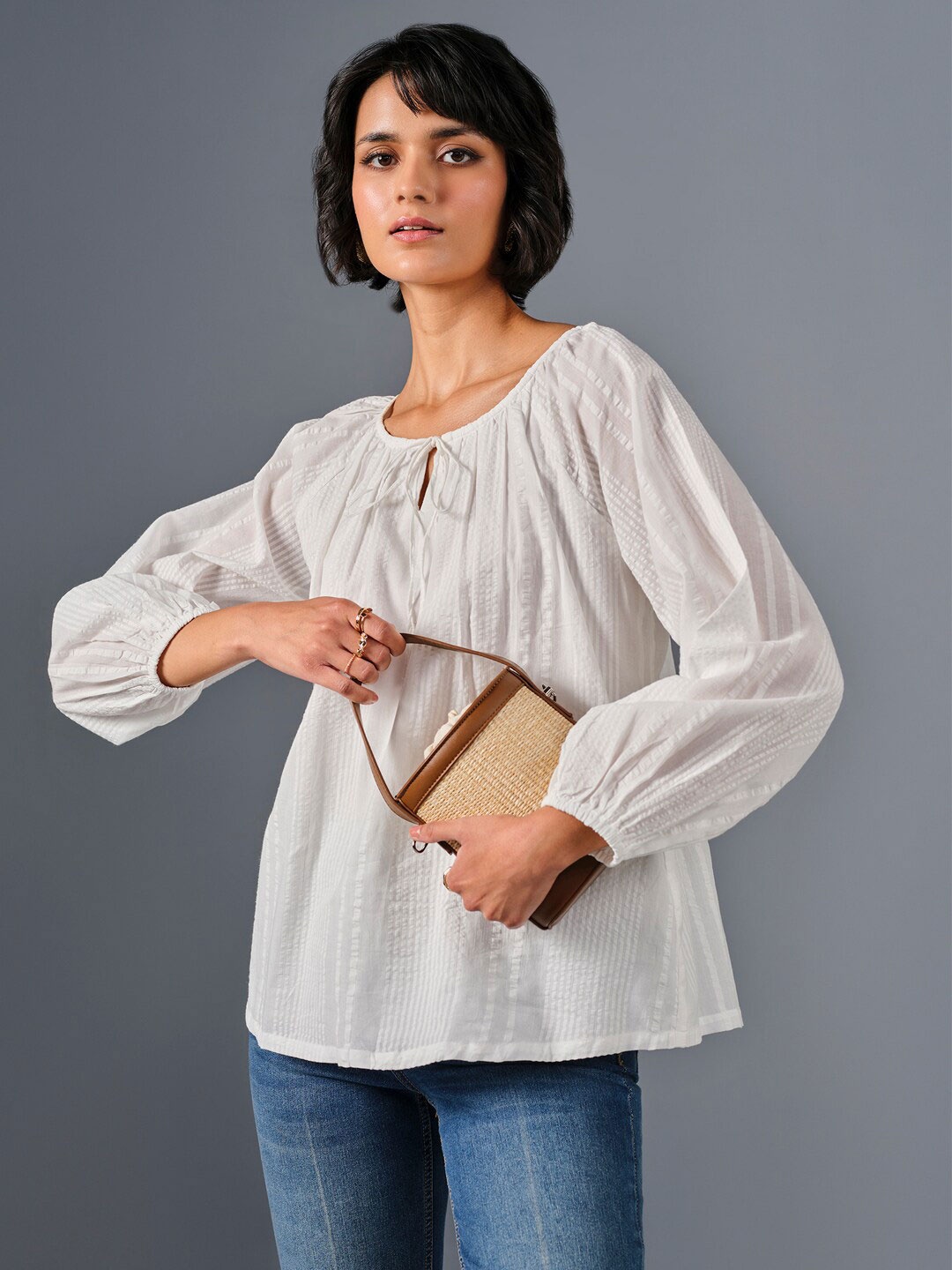 

AND Tie-Up Neck Puff Sleeve Pure Cotton A-Line Top, White