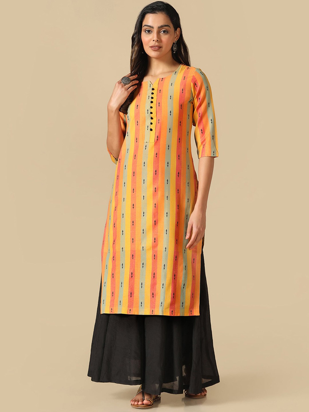 

KALINI Striped Round Neck Straight Kurta, Yellow