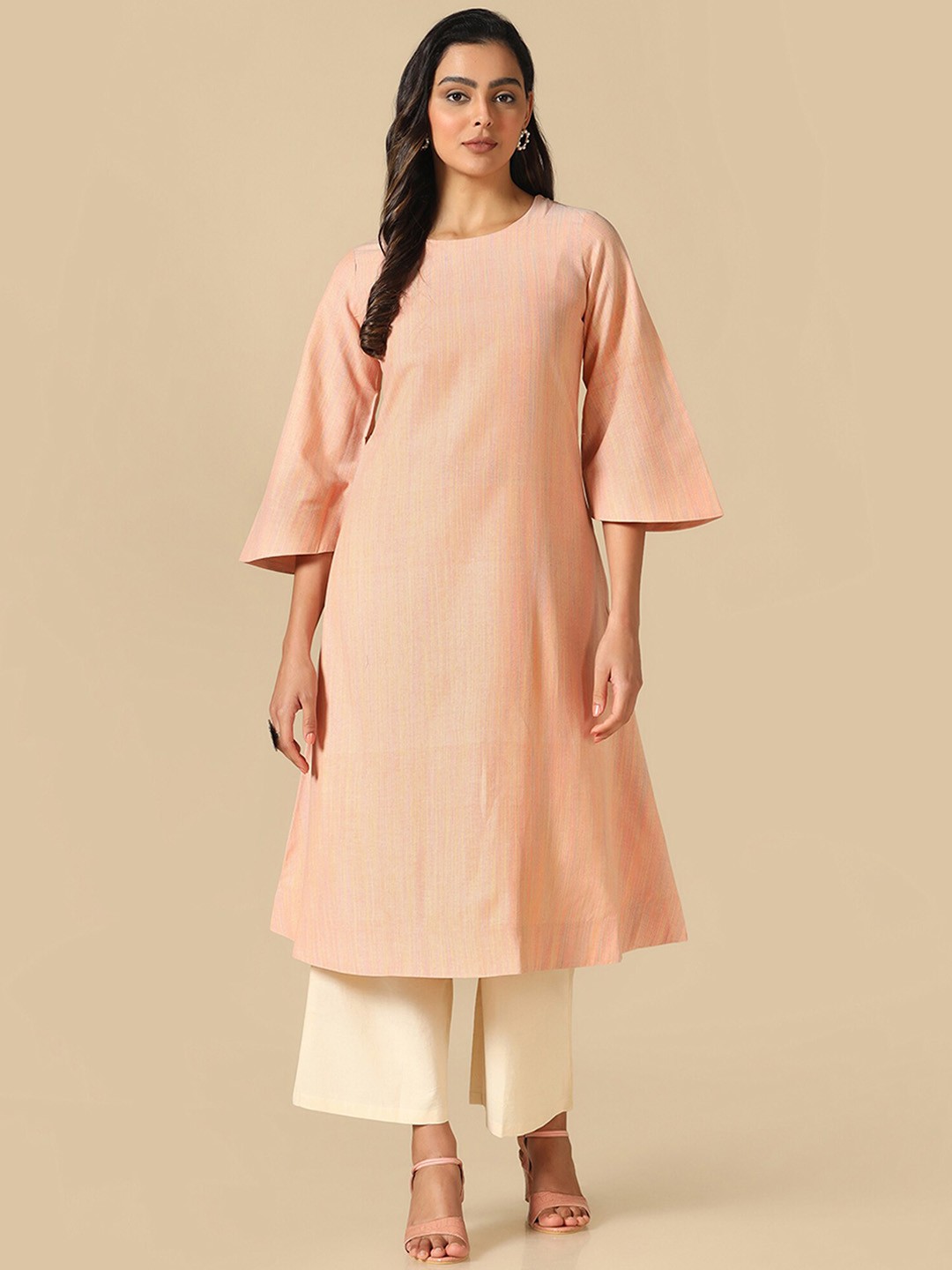 

KALINI Striped Flared Sleeves Pure Cotton A-Line Kurta, Peach