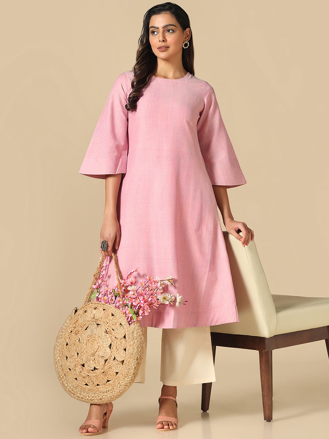 

KALINI Flared Sleeves A-Line Kurta, Pink