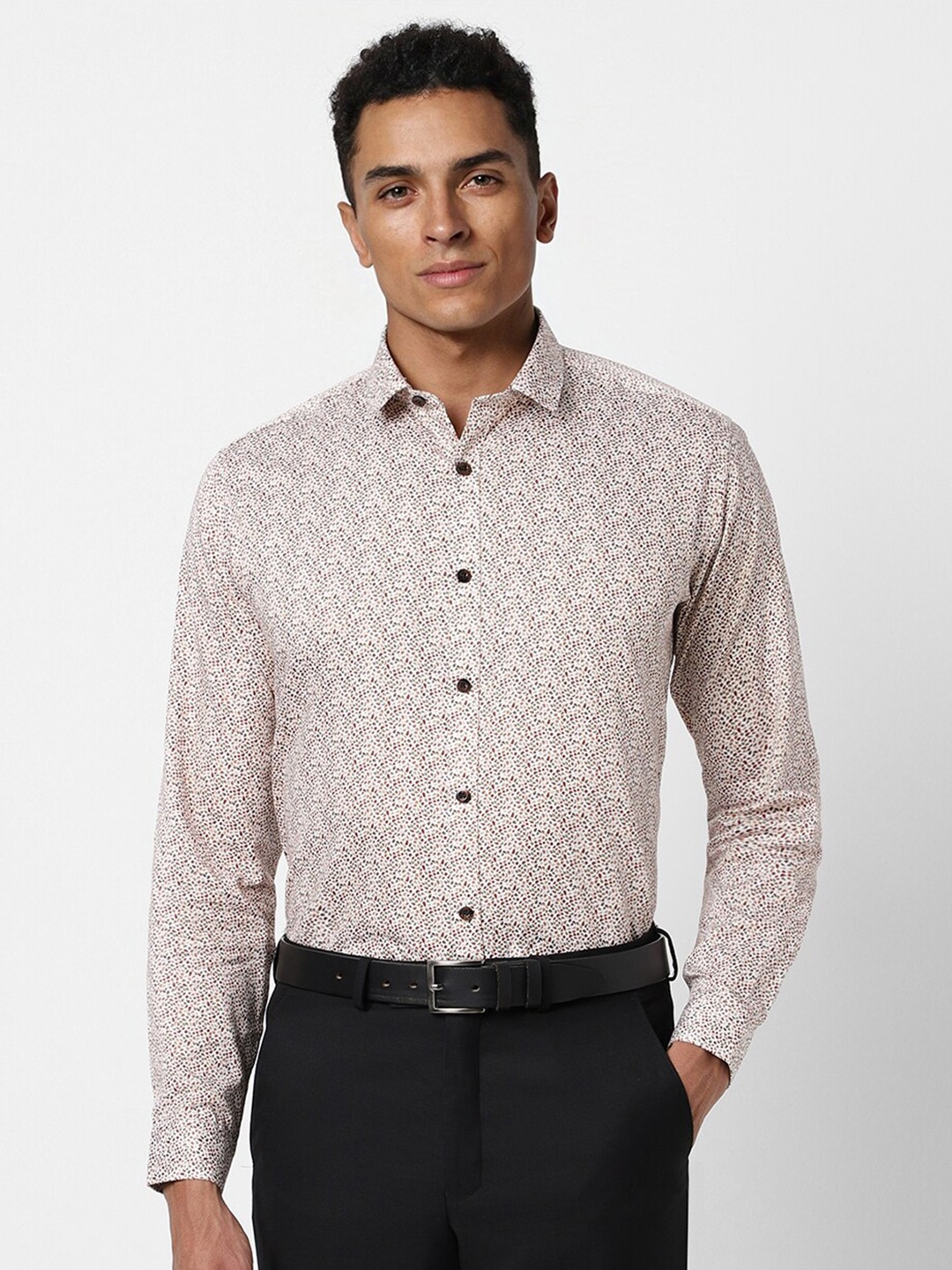 

V Dot Slim Fit Floral Printed Pure Cotton Party Shirt, White