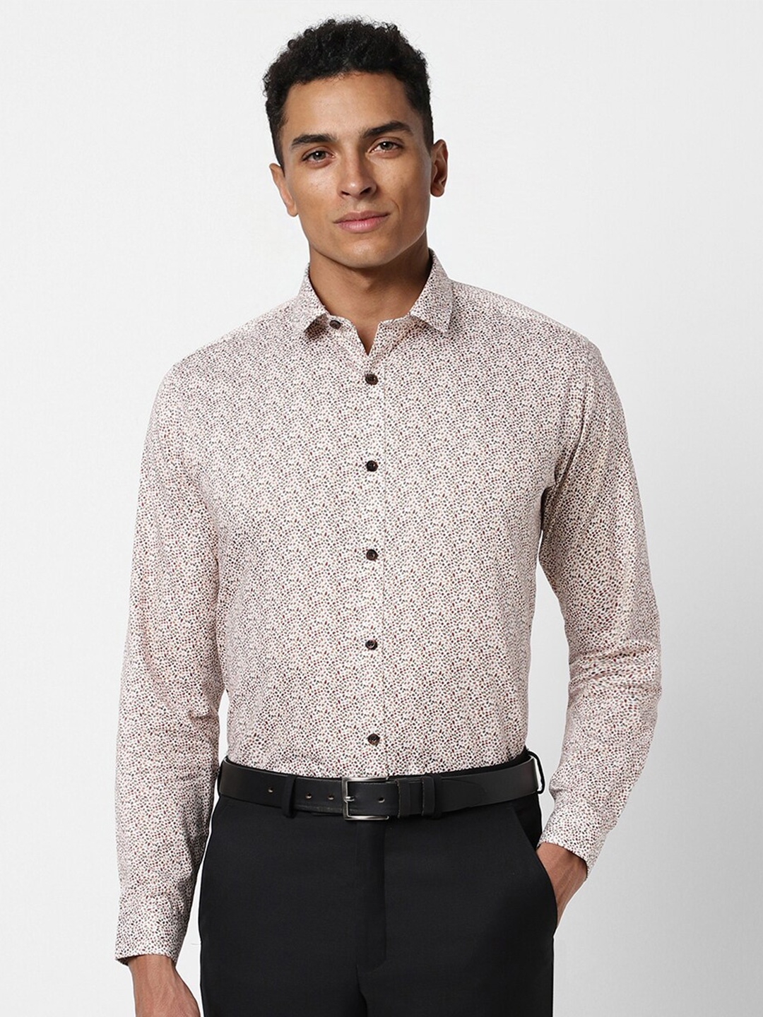 

V Dot Slim Fit Floral Printed Spread Collar Cotton Party Shirt, White