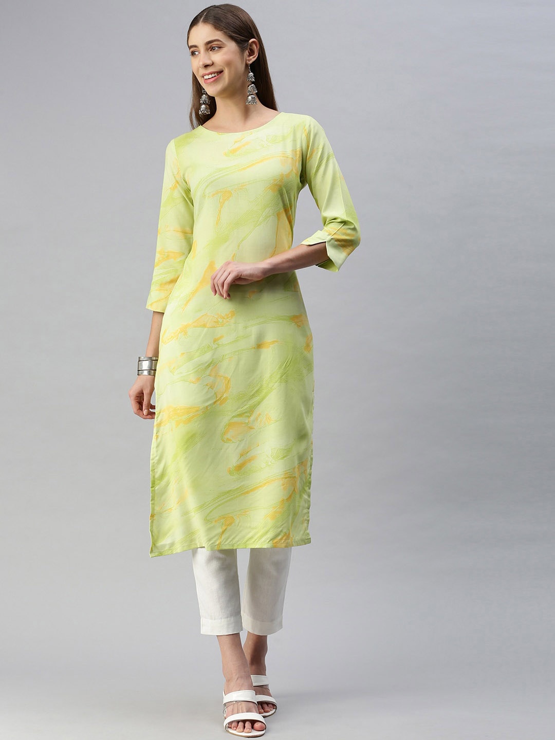 

HRITIKA Abstract Printed Calf Length Straight Kurta, Green