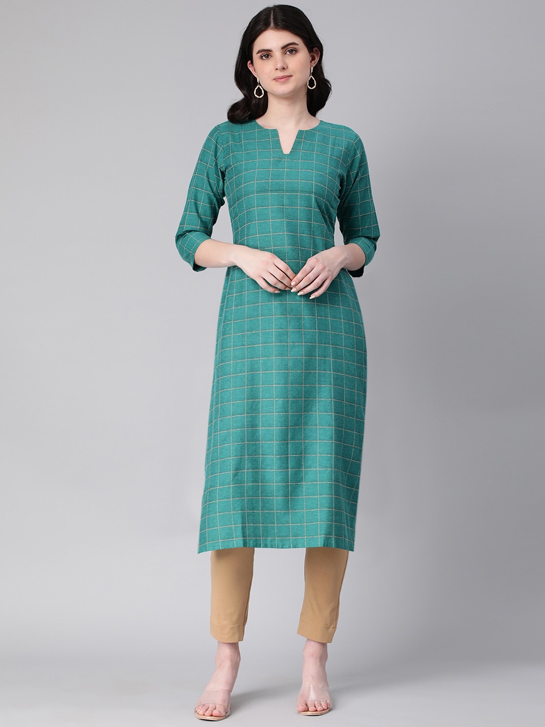 

HRITIKA Checked Three-Quarter Sleeves Straight Kurta, Blue