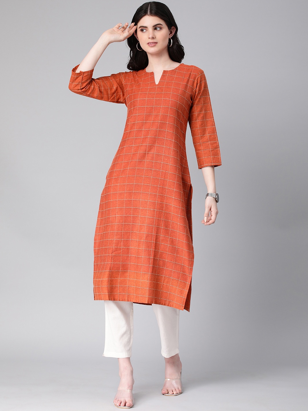 

HRITIKA Checked Round Neck Straight Kurta, Brown