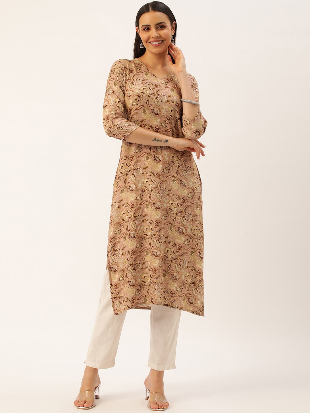 

HRITIKA Floral Printed V-Neck Straight Kurta, Beige