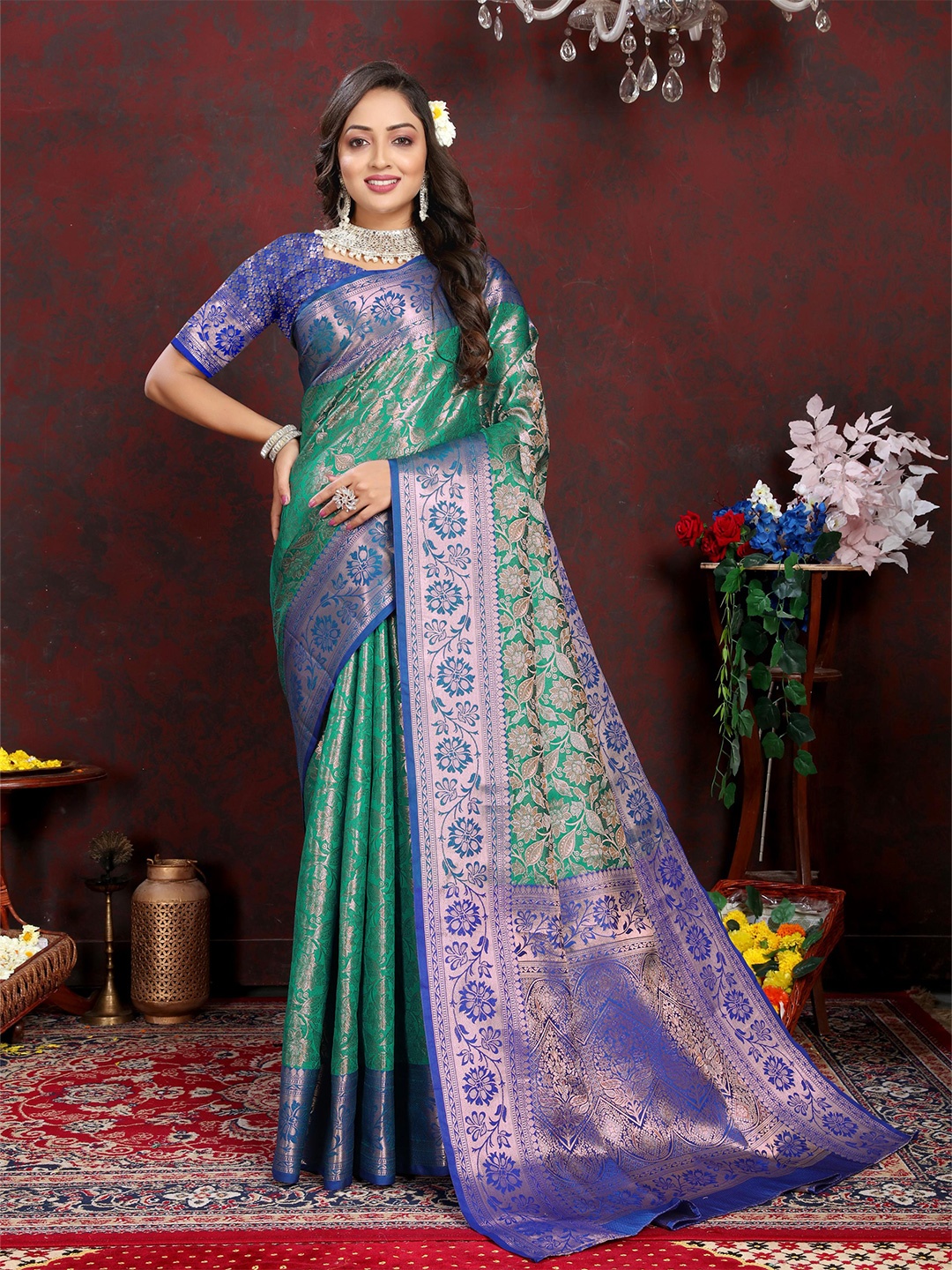 

ALAGINI Woven Design Zari Banarasi Saree, Teal