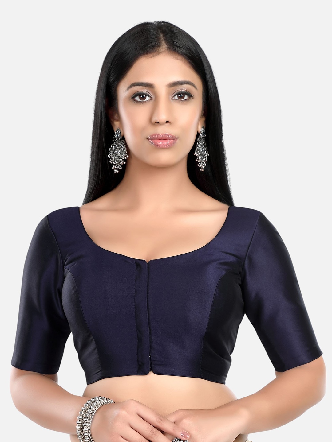 

Biyu Round Neck Silk Saree Blouse, Navy blue