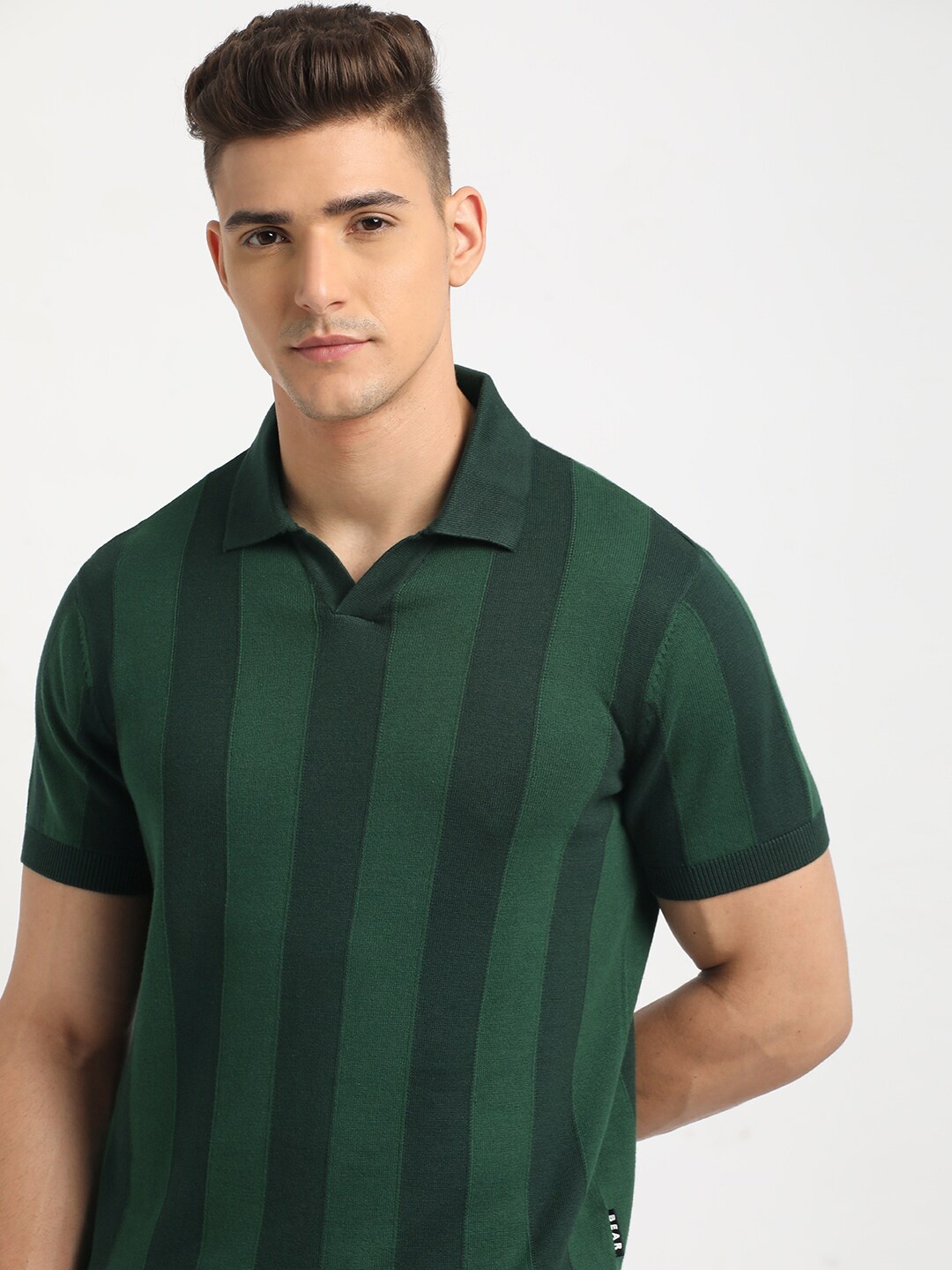 

THE BEAR HOUSE Striped Polo Collar Cotton T-shirt, Green