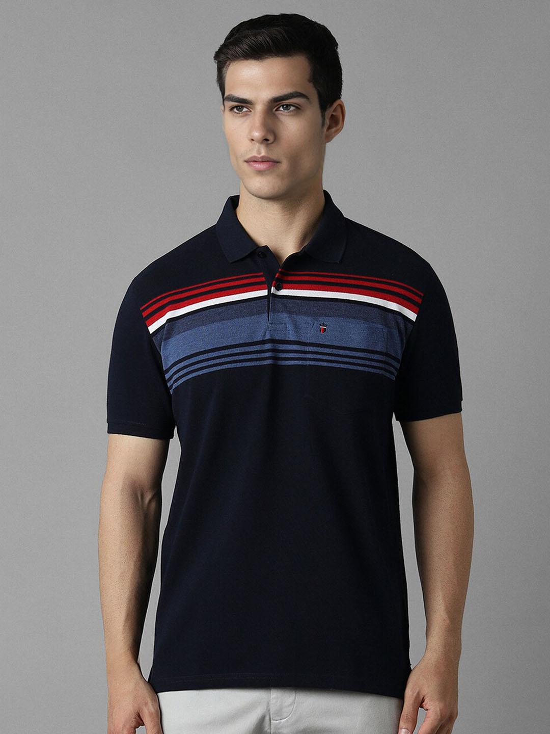 

Louis Philippe Sport Striped Polo Collar Pockets Slim Fit T-shirt, Navy blue