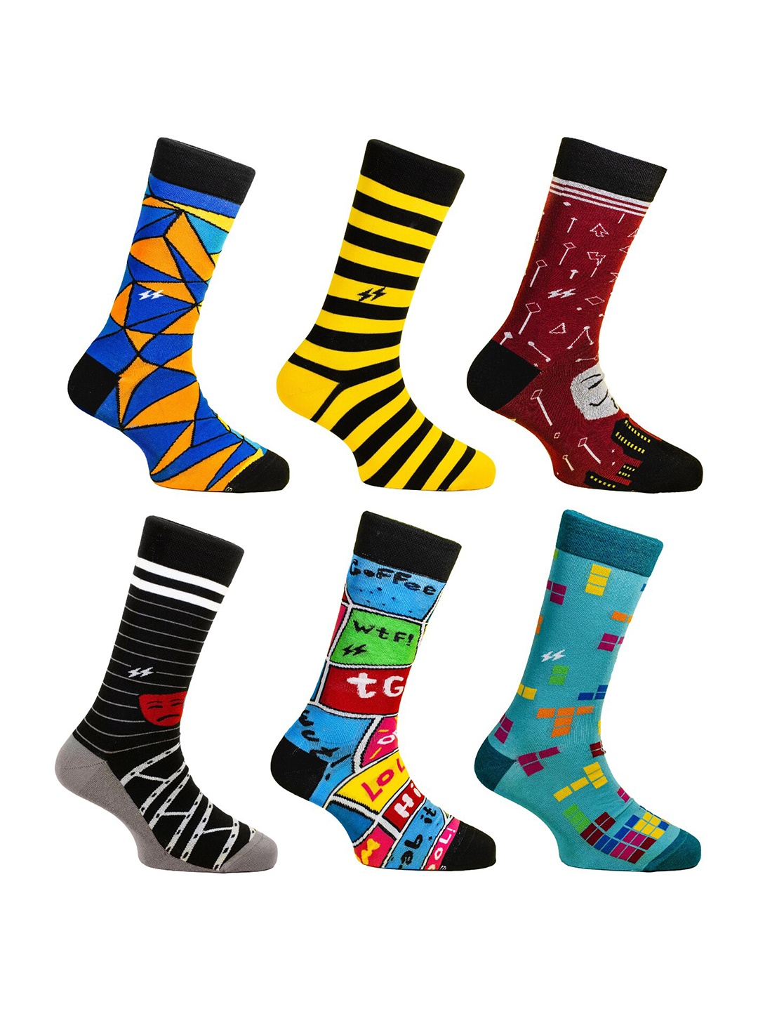 

Papa Socks Unisex Pack Of 6 Patterned Odour-Free Calf-Length Socks, Black