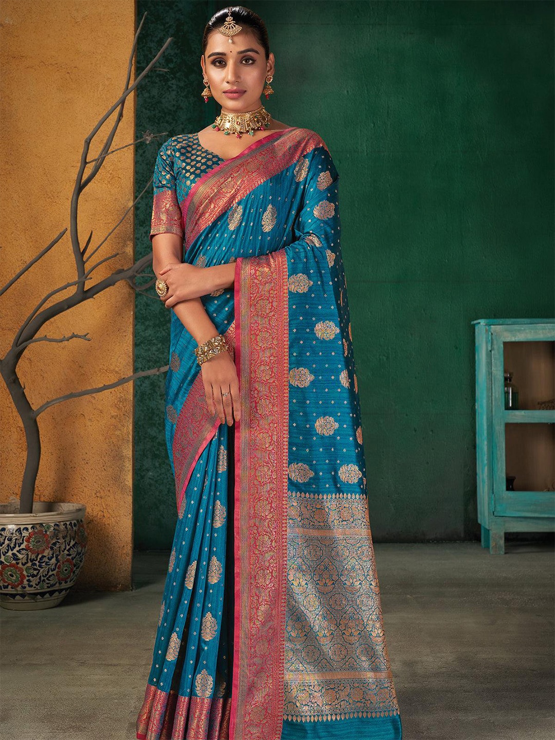 

ODETTE Woven Design Zari Saree, Teal