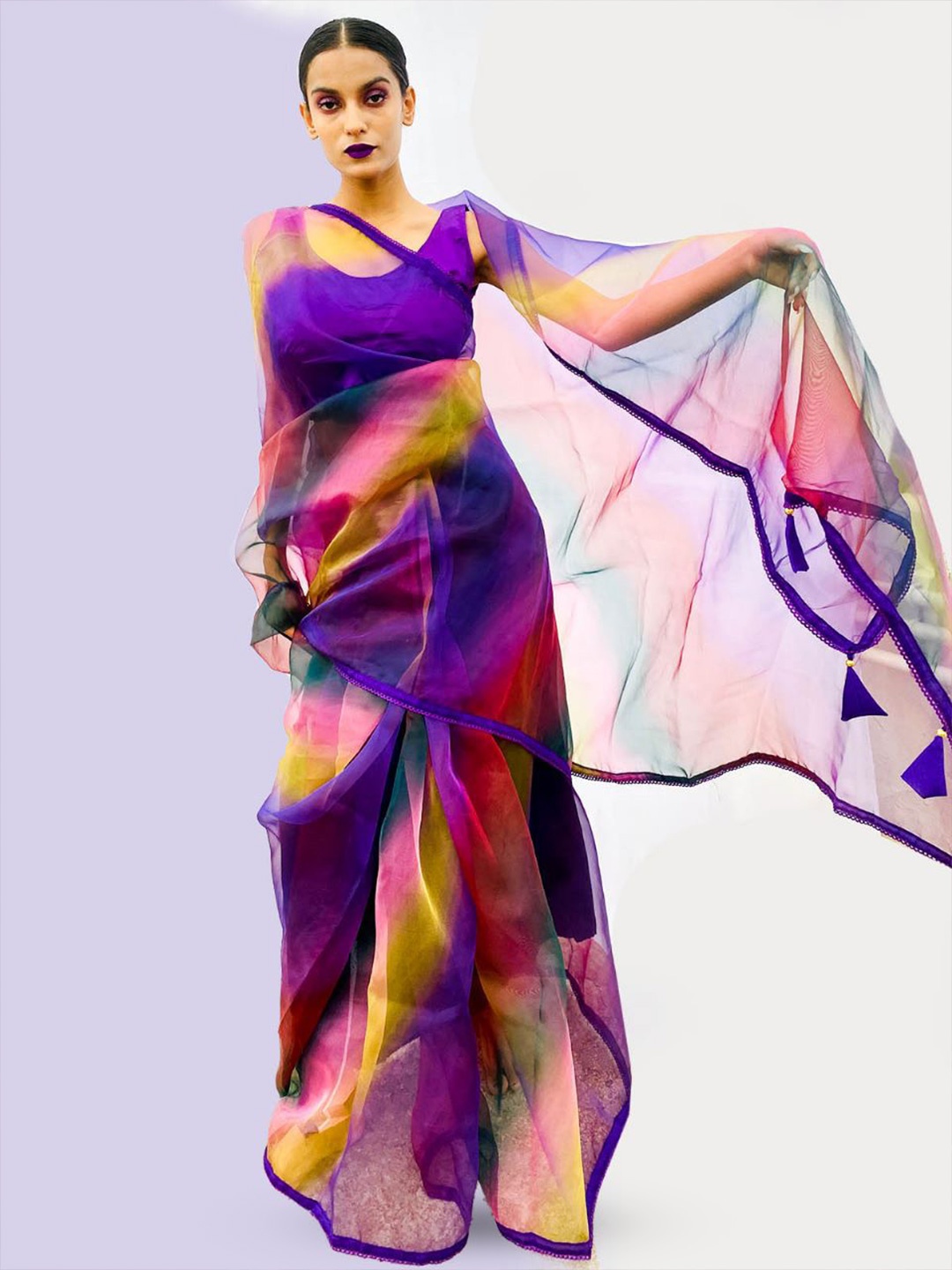 

ODETTE Ombre Printed Organza Saree, Purple