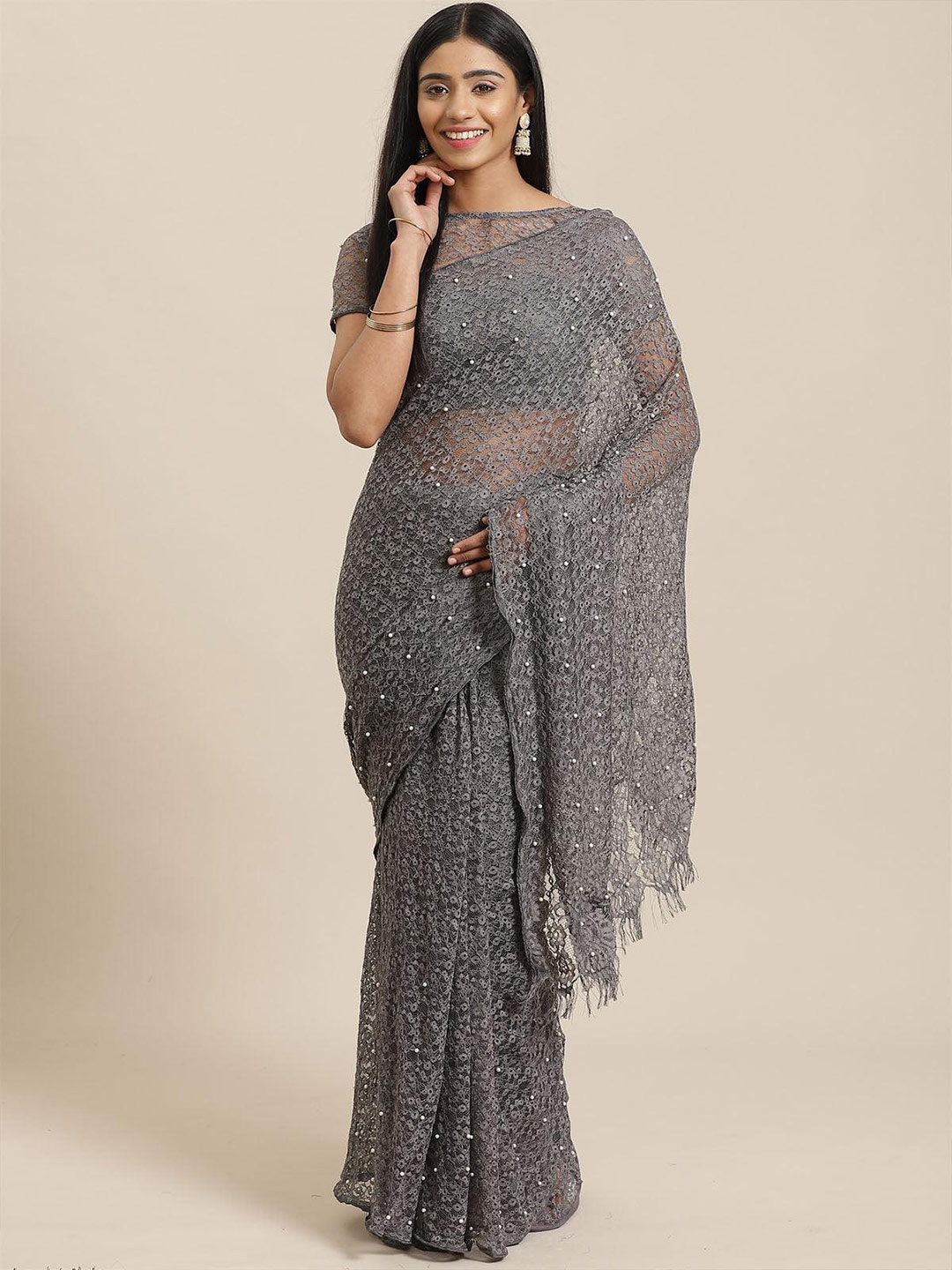 

ODETTE Embellished Sequinned Net Saree, Grey