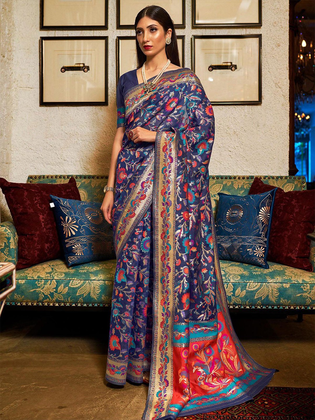 

ODETTE Woven Design Zari Saree, Blue