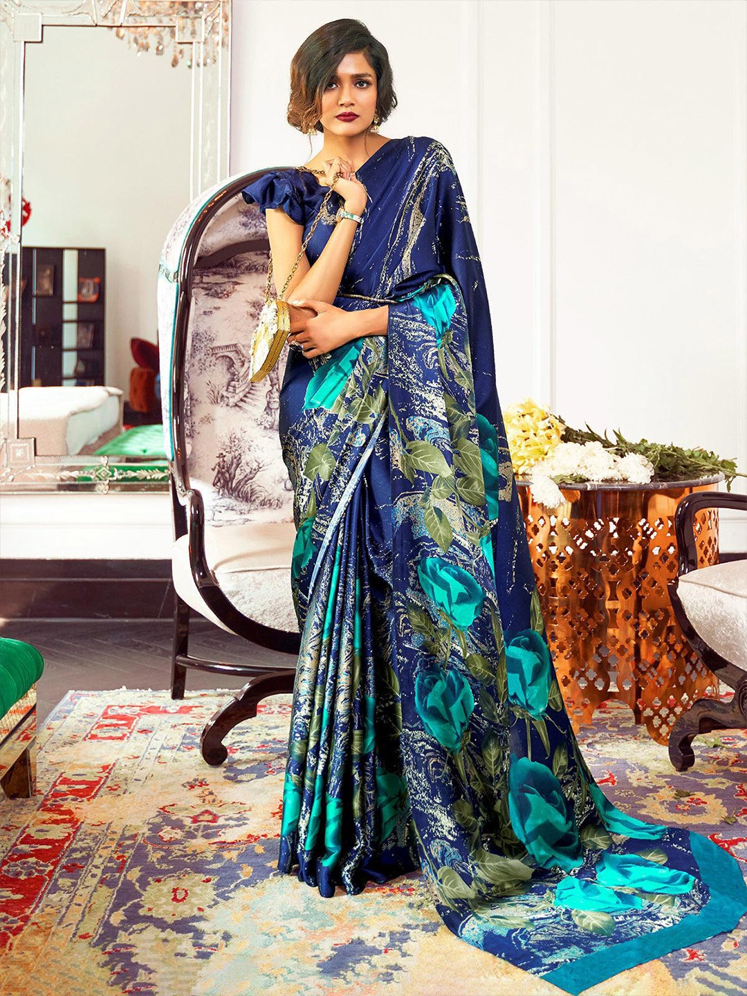 

ODETTE Satin Printed Saree, Blue