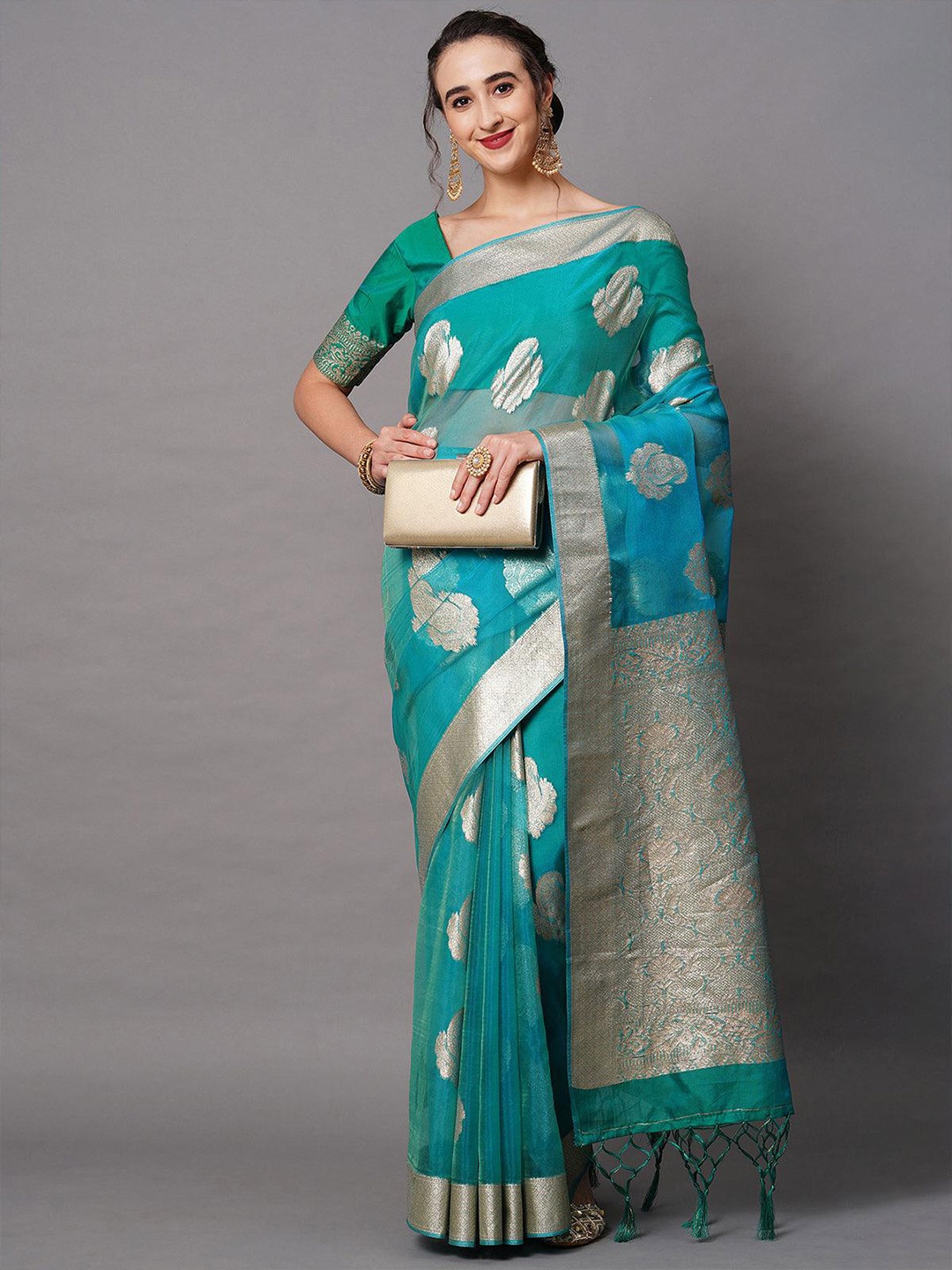 

ODETTE Woven Design Zari Saree, Teal