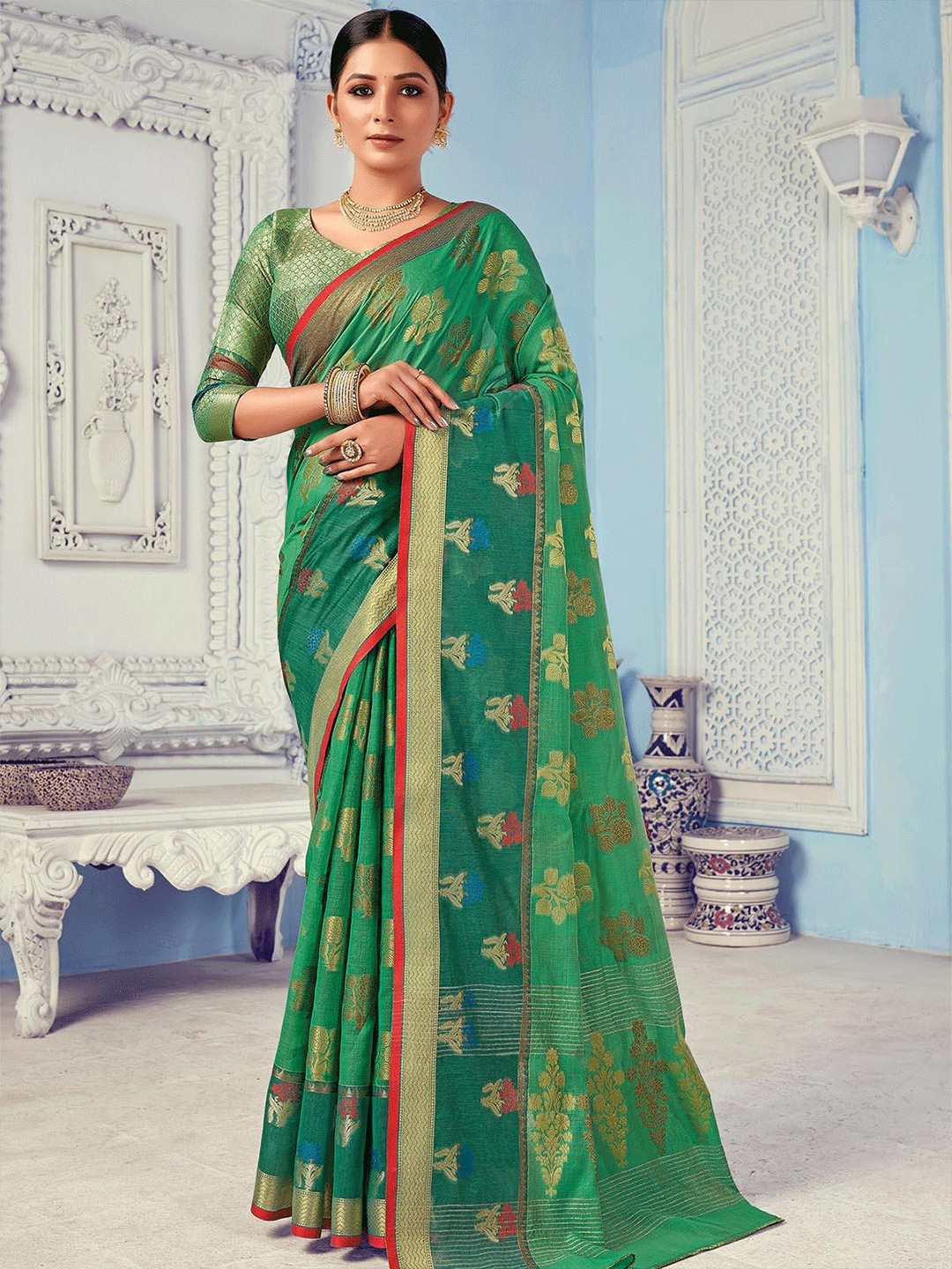 

ODETTE Woven Design Zari Saree, Green