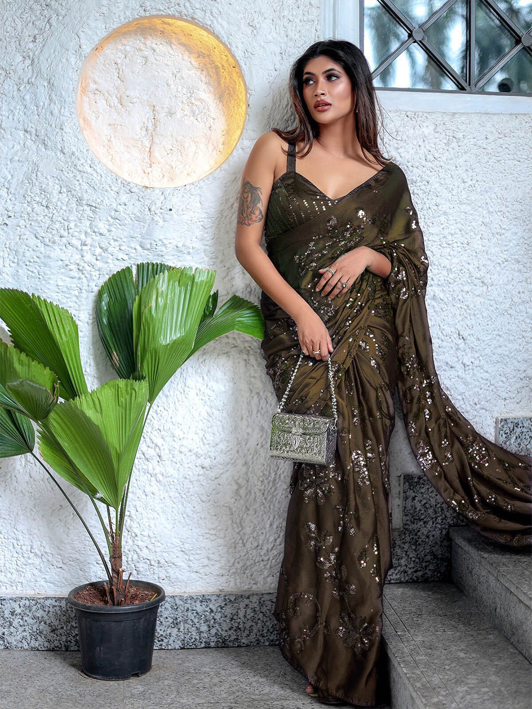 

ODETTE Embellished Sequinned Saree, Green