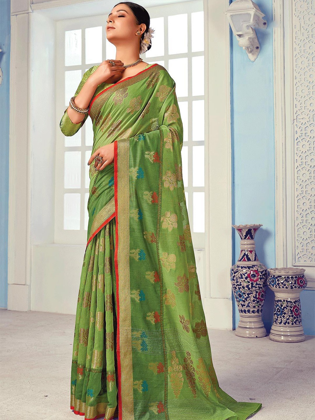 

ODETTE Woven Design Zari Saree, Green