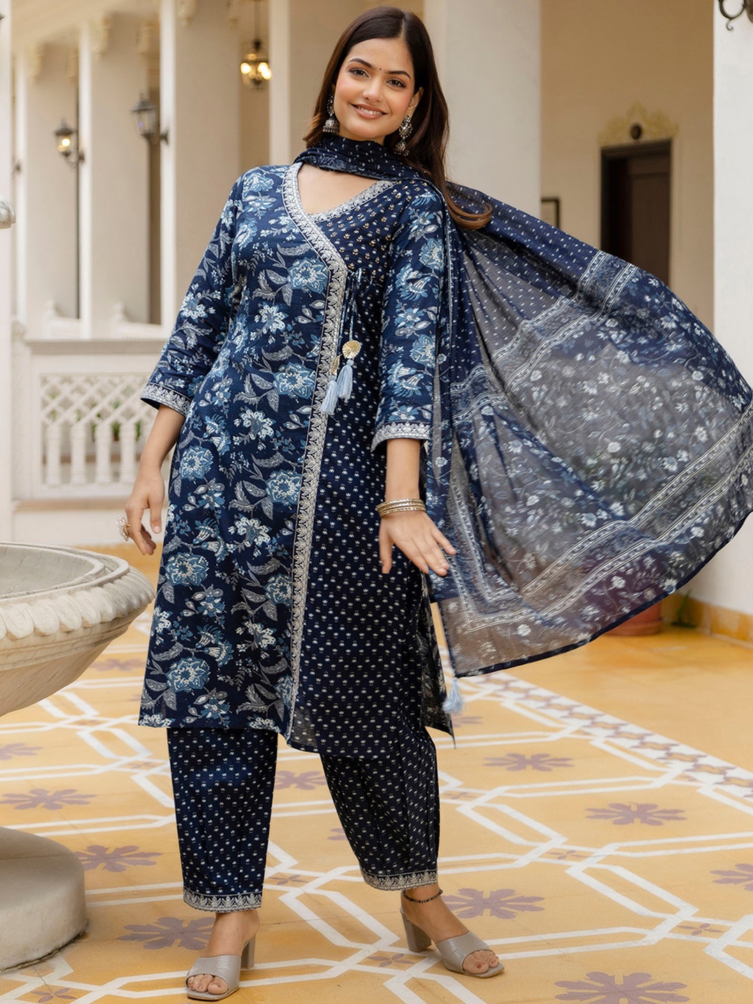 

Anouk Women Embroidered Angrakha Aari Work Pure Cotton Kurta With Patiala & Dupatta, Navy blue