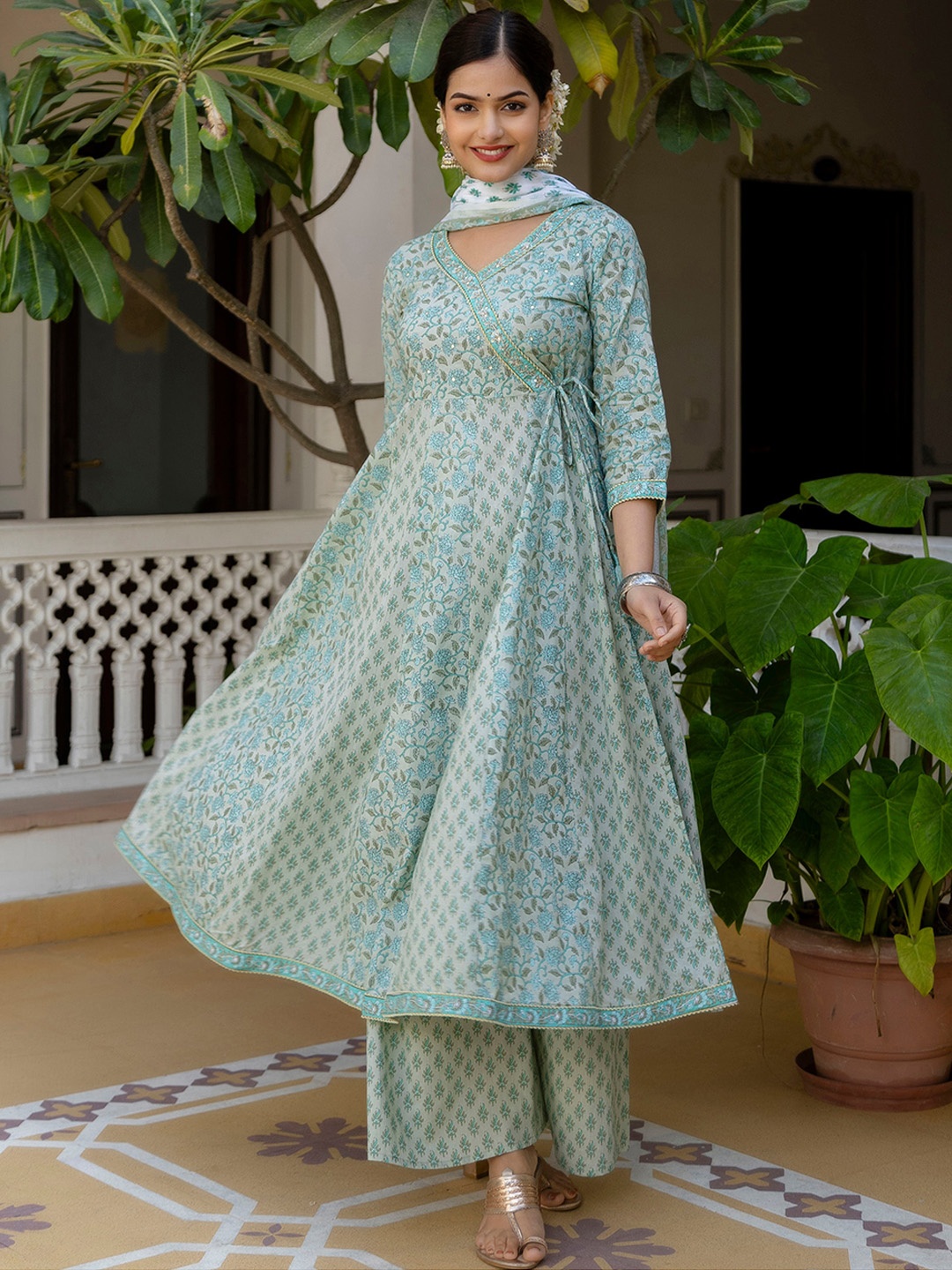 

Anouk Floral Printed Angrakha Aari Work Pure Cotton Kurta With Palazzos & Dupatta, Green