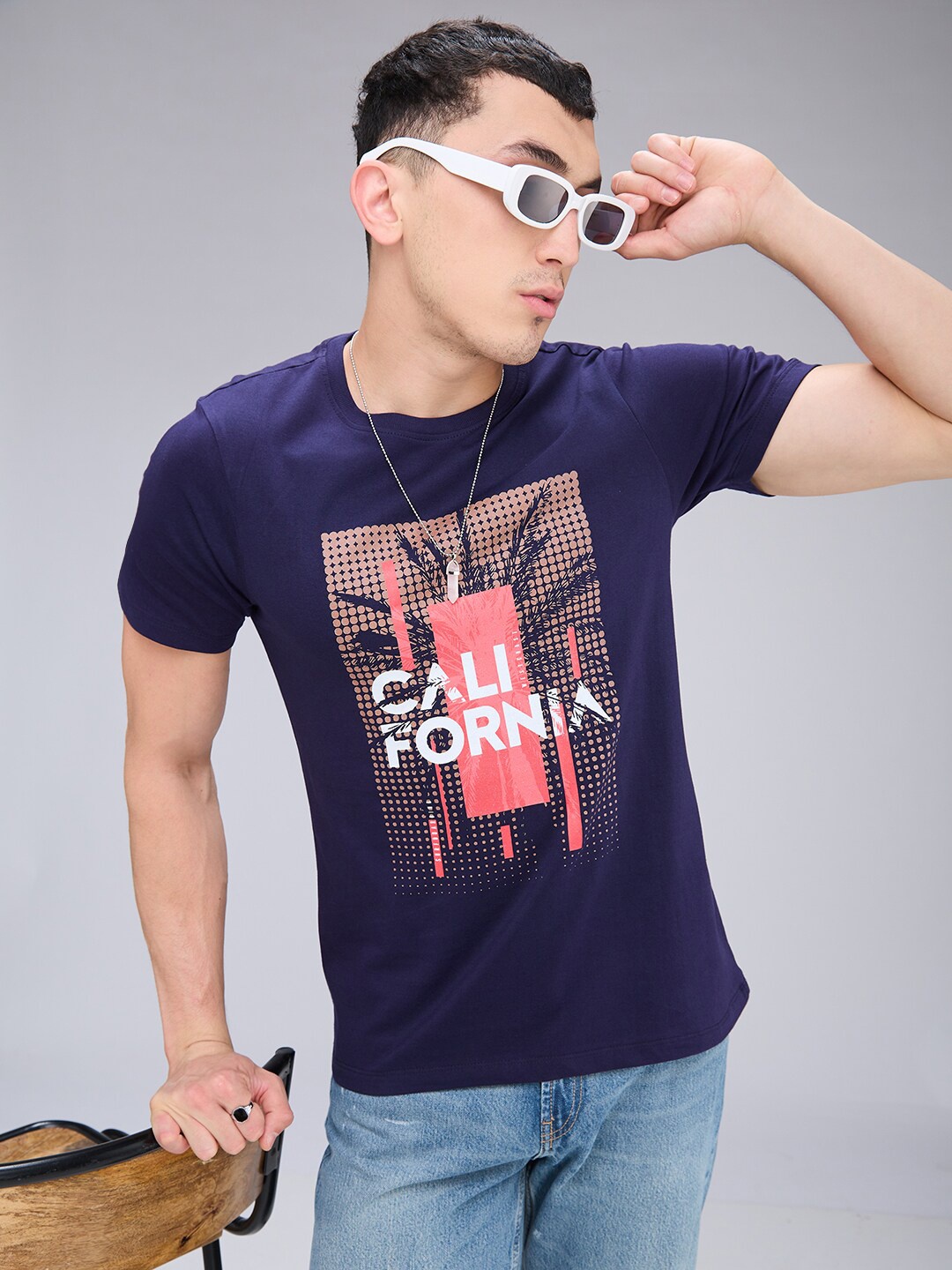 

NOIRA Typography Printed Cotton T-shirt, Navy blue