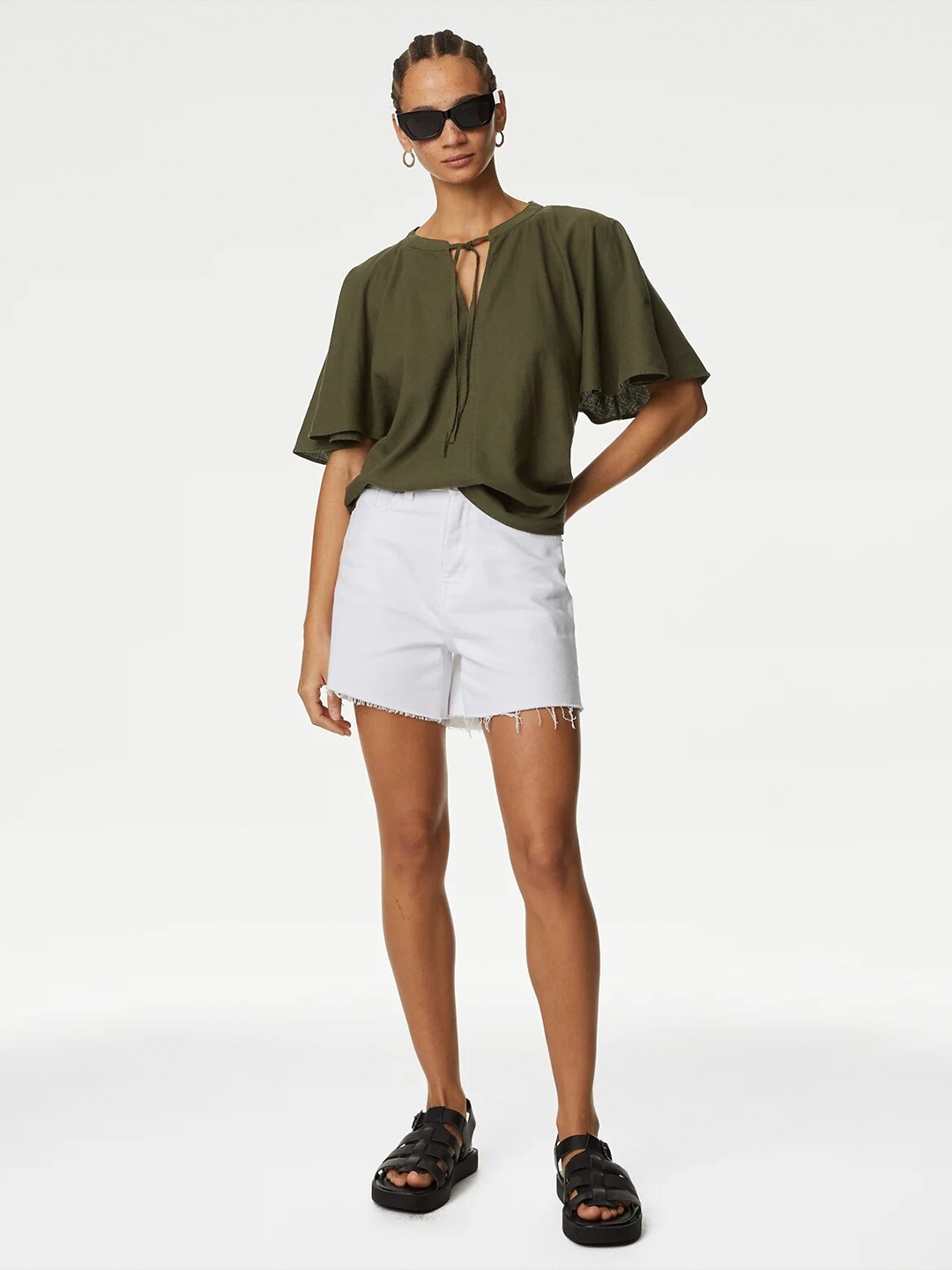 

Marks & Spencer Tie-Up Neck Flared Sleeves Linen Top, Green