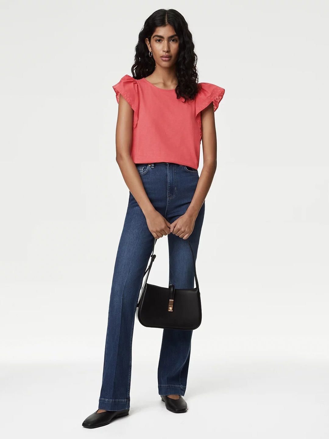 

Marks & Spencer Flutter Sleeves Embroidered Detail Pure Cotton Top, Pink