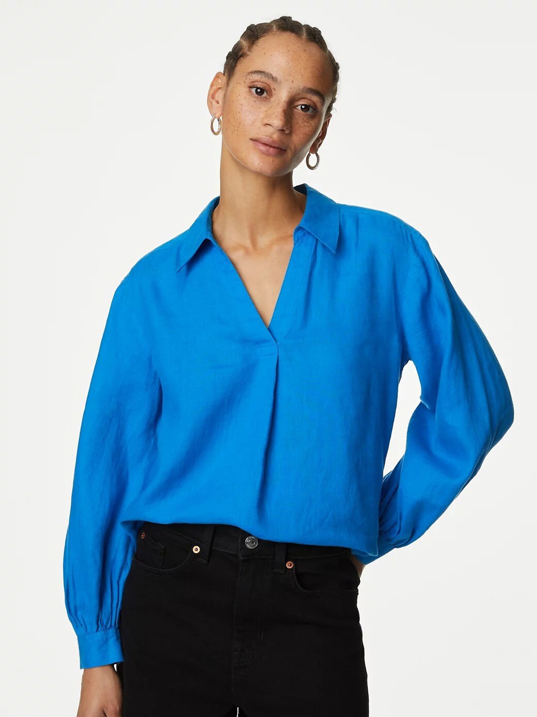

Marks & Spencer Shirt Collar Pure Linen Shirt Styled Top, Blue
