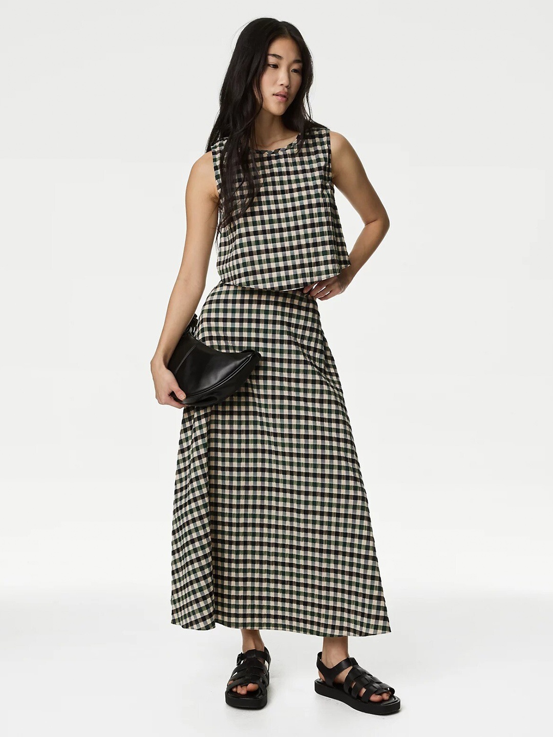 

Marks & Spencer Checked Round Neck A-Line Top, Multi