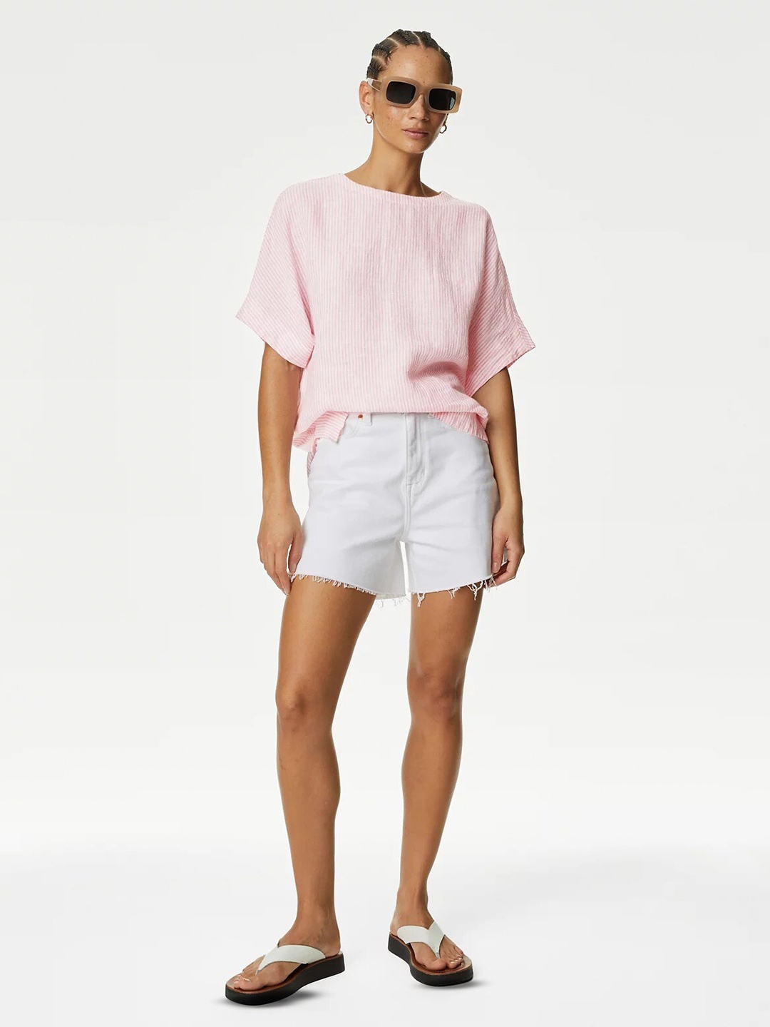 

Marks & Spencer Striped Extended Sleeves Linen Boxy Top, Pink