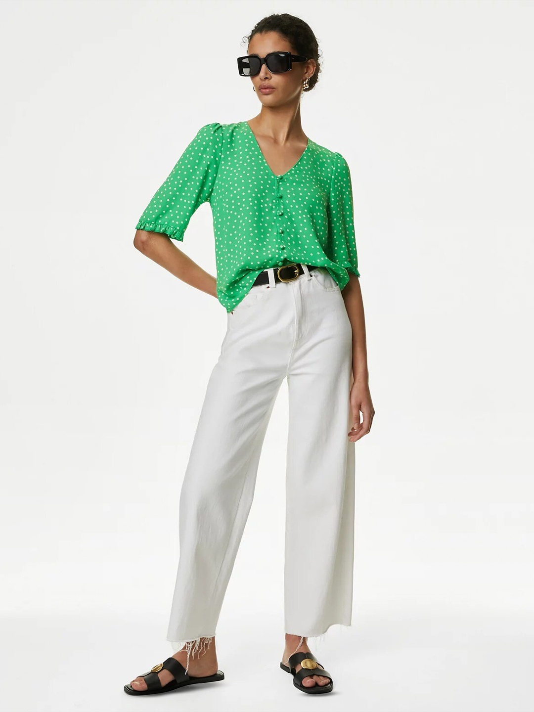 

Marks & Spencer Polka Dots Printed Puffed Sleeves Top, Green