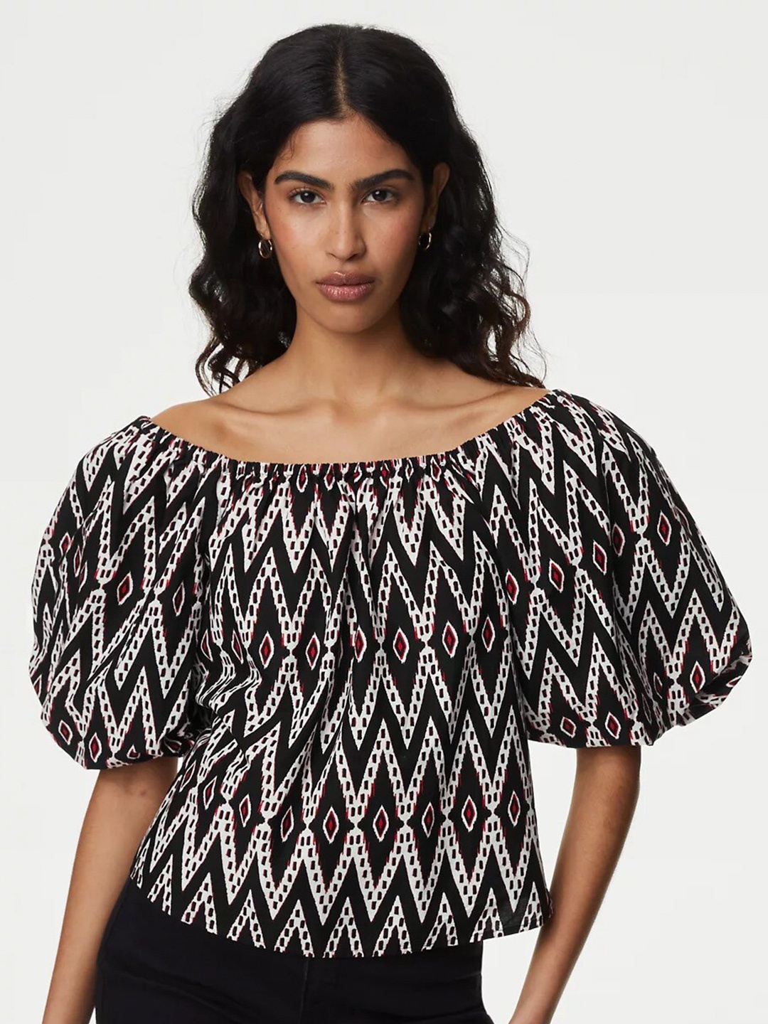 

Marks & Spencer Geometric Printed Off-Shoulder Puffed Sleeve Pure Cotton Top, Black