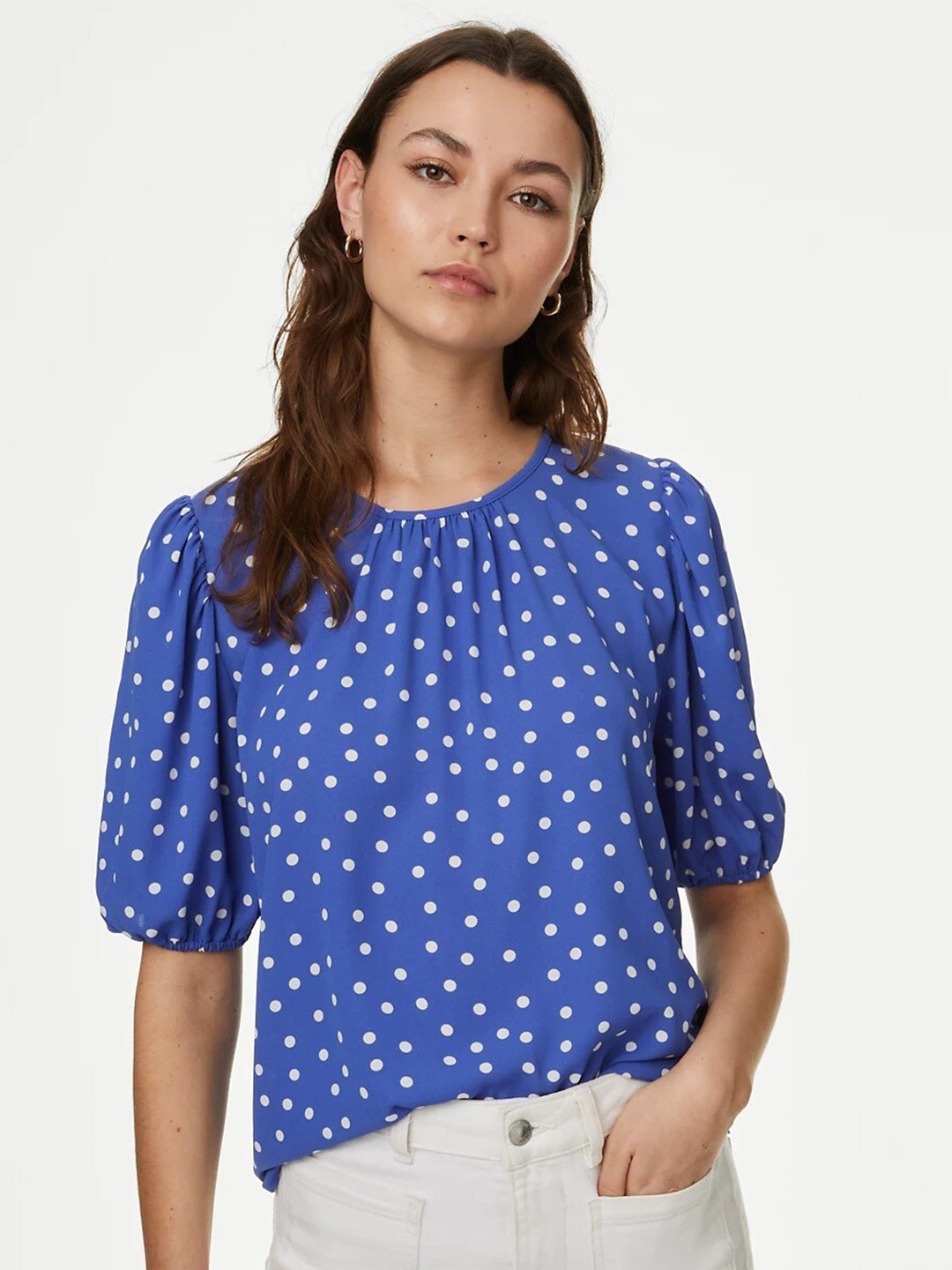 

Marks & Spencer Polka Dots Printed Puff Sleeves Top, Blue