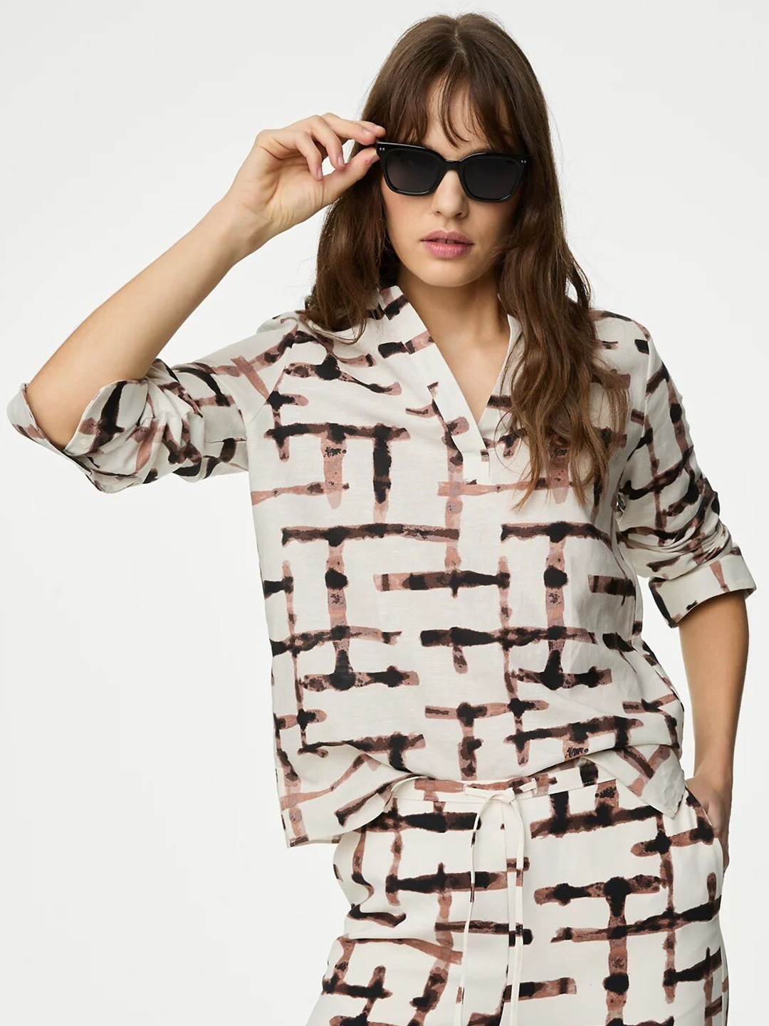 

Marks & Spencer Geometric Printed Shirt Collar Linen Top, Off white