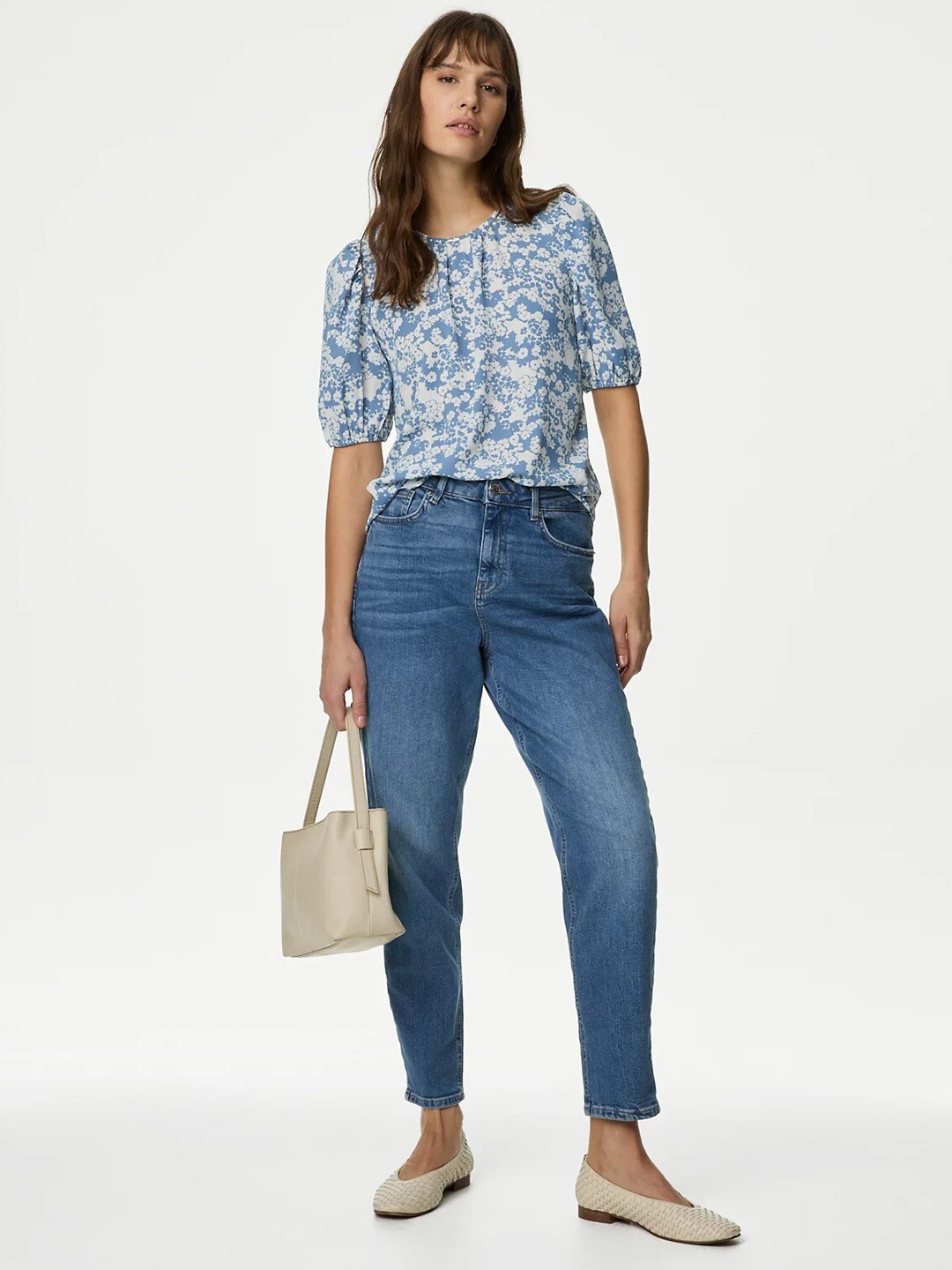 

Marks & Spencer Floral Printed Puffed Sleeves Top, Blue