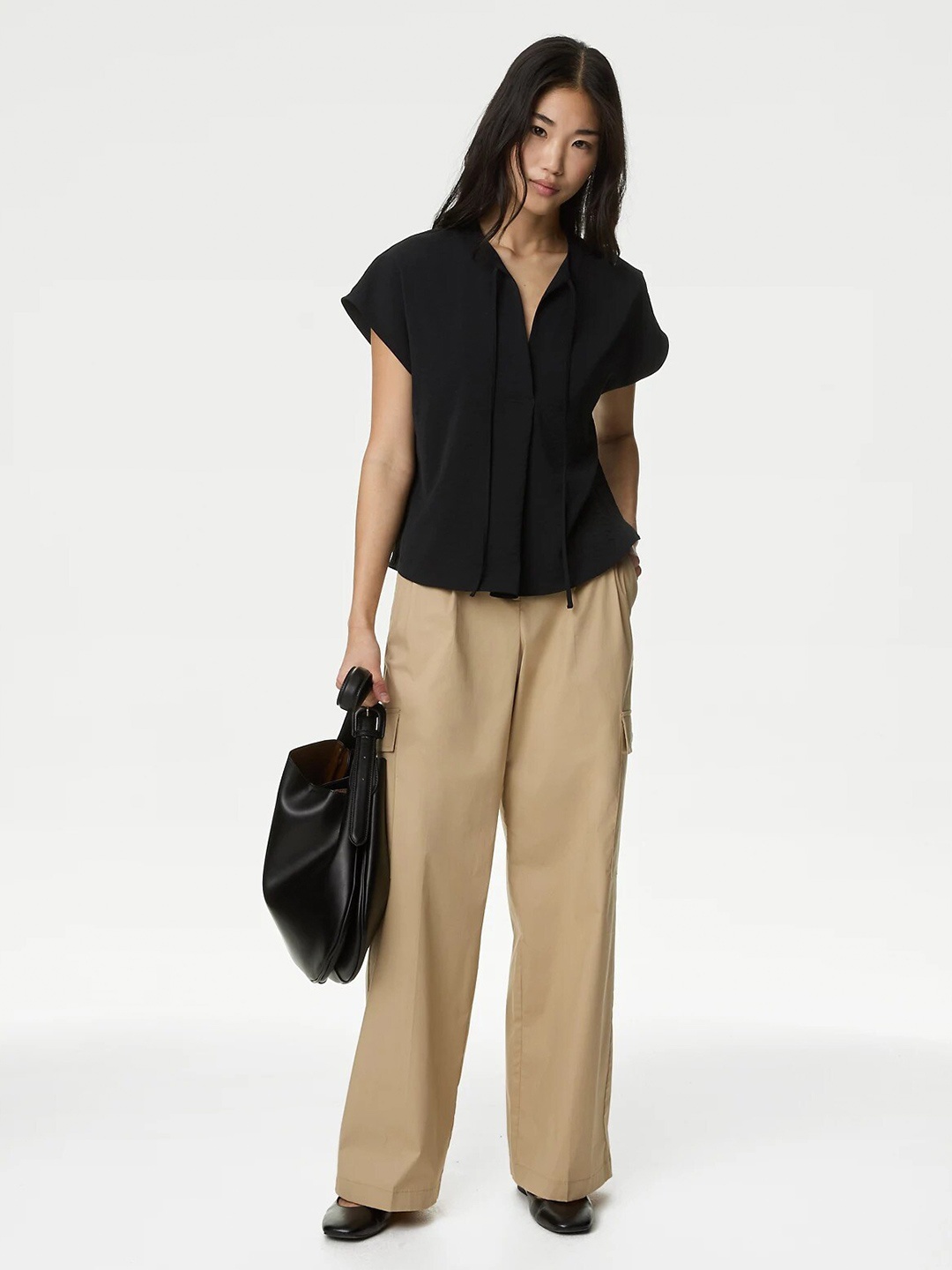 

Marks & Spencer Tie-Up Neck Extended Sleeves Top, Black