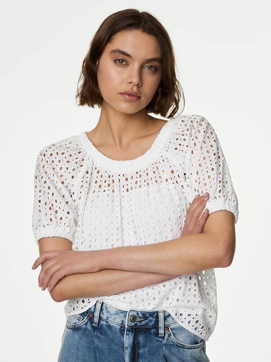 

Marks & Spencer Self Design Raglan Sleeves Schiffli Cotton Top, White