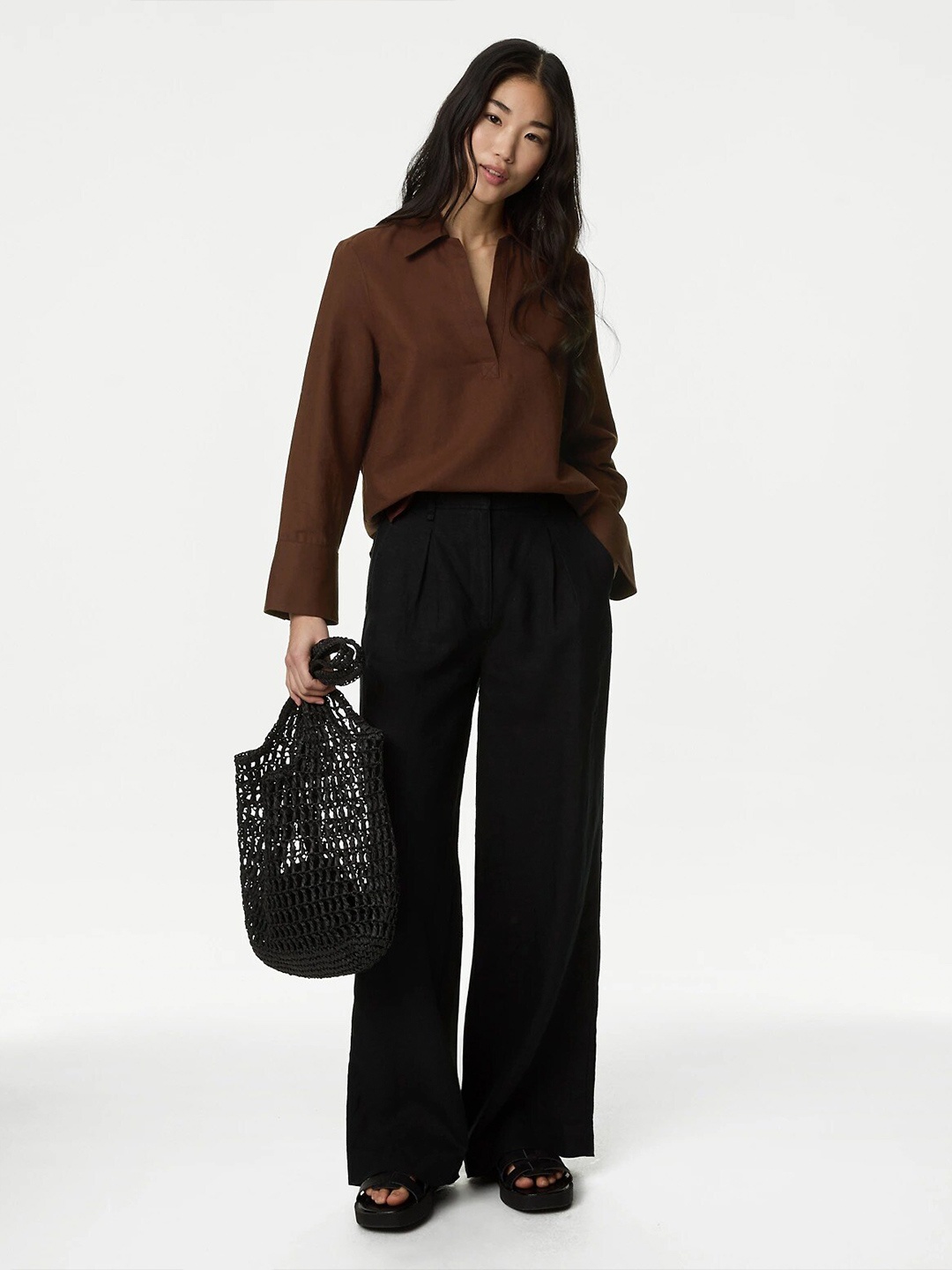 

Marks & Spencer Shirt Collar Linen Shirt Style Top, Brown