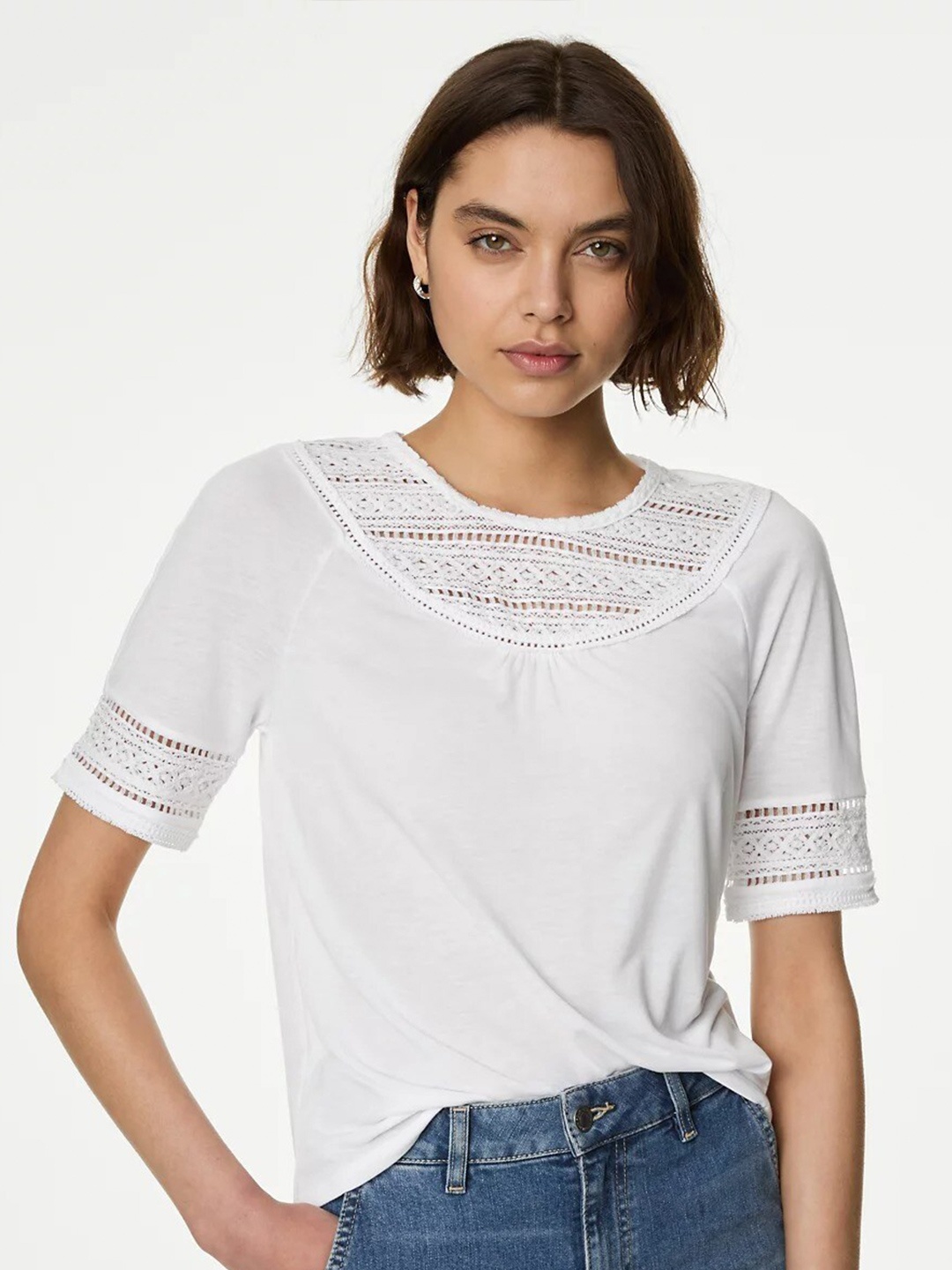 

Marks & Spencer Round Neck Lace Inserts Top, White