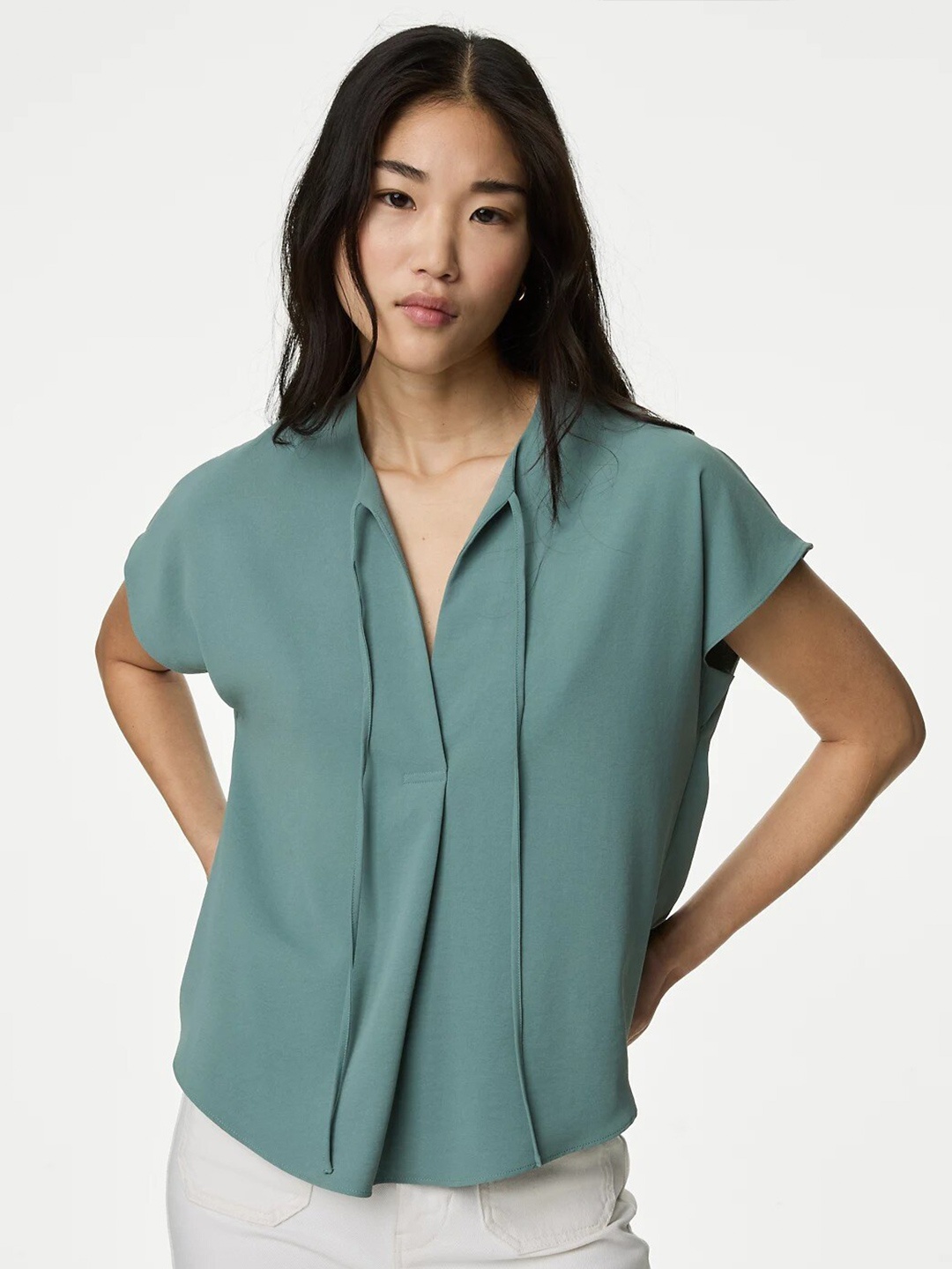 

Marks & Spencer Tie-Up Neck Extended Sleeves Shirt Style Top, Teal