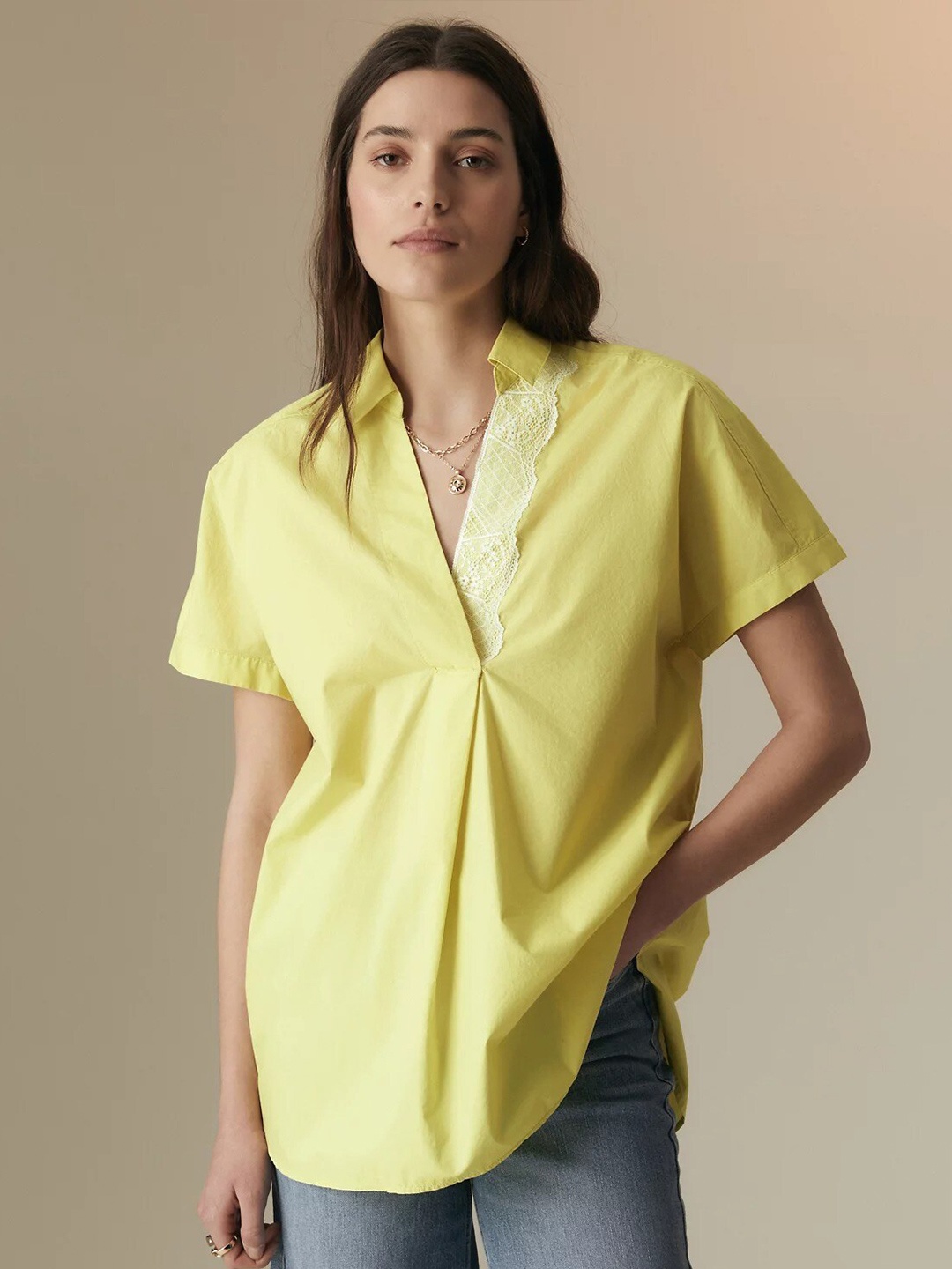 

Marks & Spencer Shirt Collar Pure Cotton Shirt Styled Top, Lime green