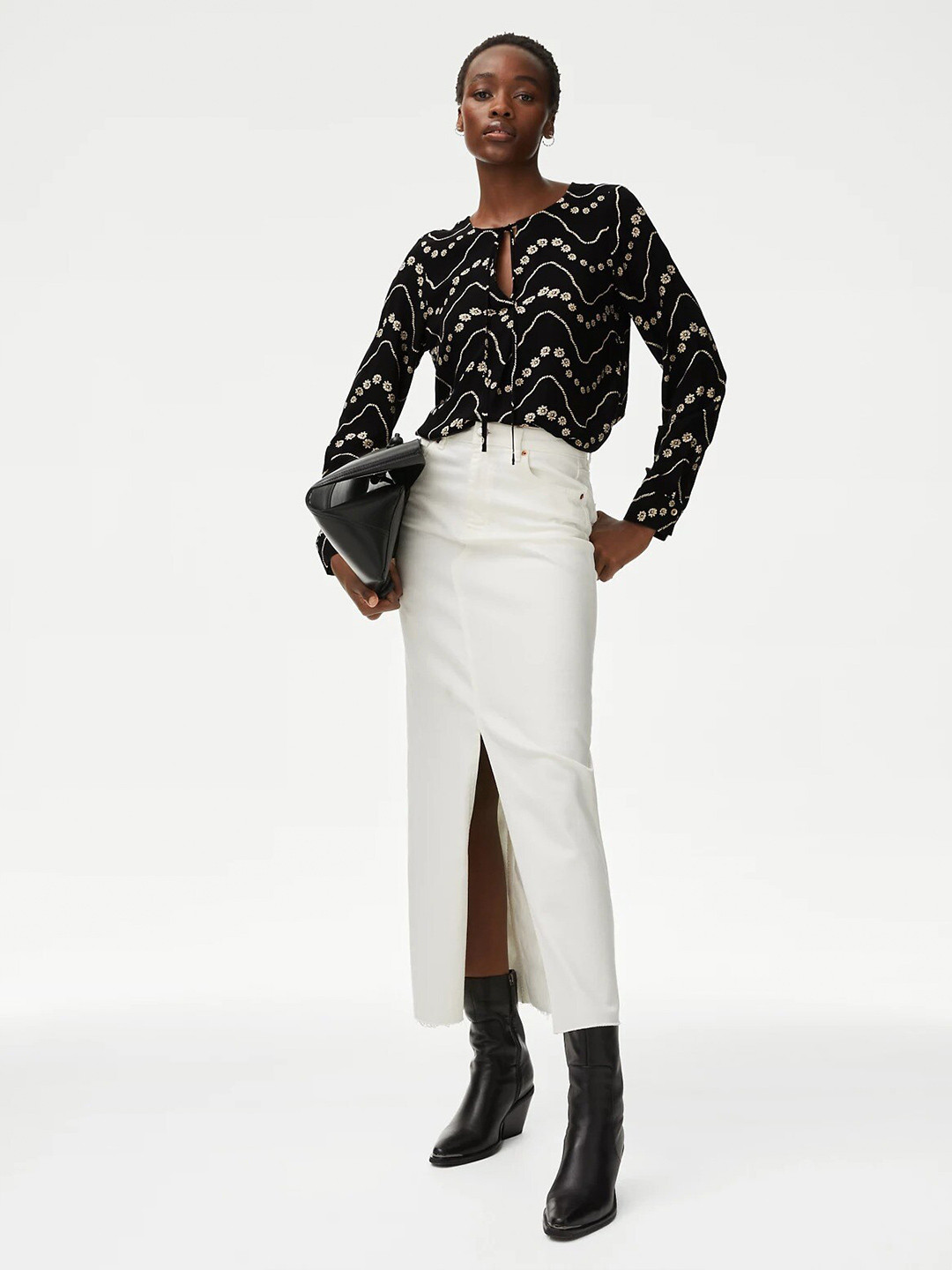 

Marks & Spencer Floral Printed Tie Up Neck Top, Black